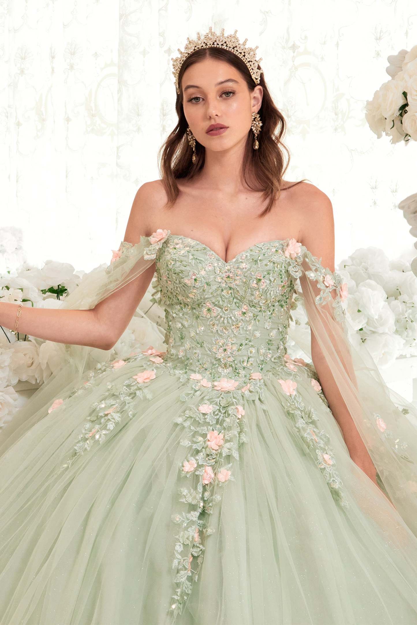 Sage Cape Ball Gown With Blush Floral Details #15716