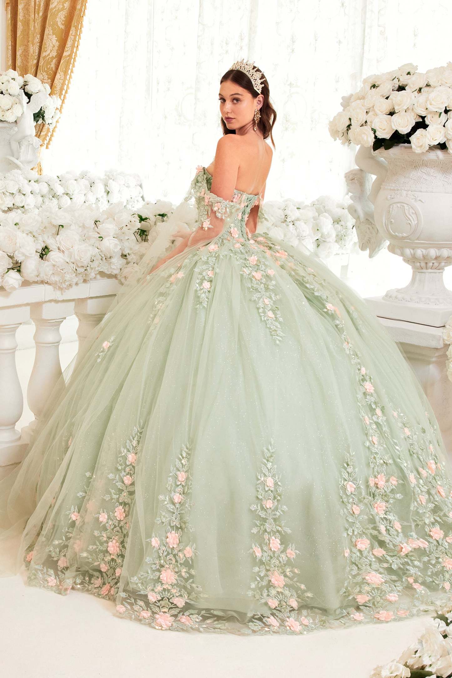 Sage Cape Ball Gown With Blush Floral Details #15716