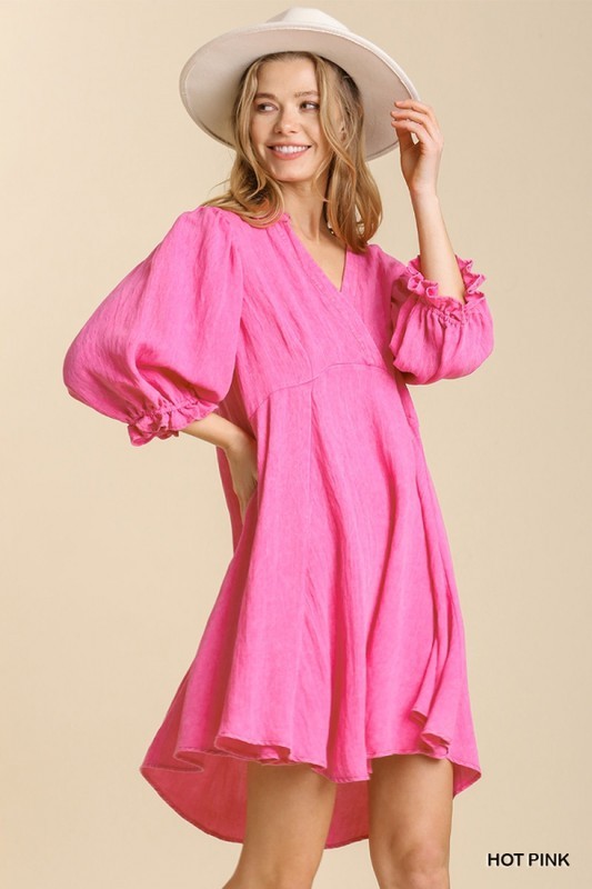 Puff Sleeve V Neck Dress ST-049