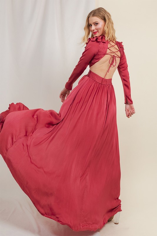 LONG SLEEVE RUFFLE MAXI DRESS WITH SLIT ST-034