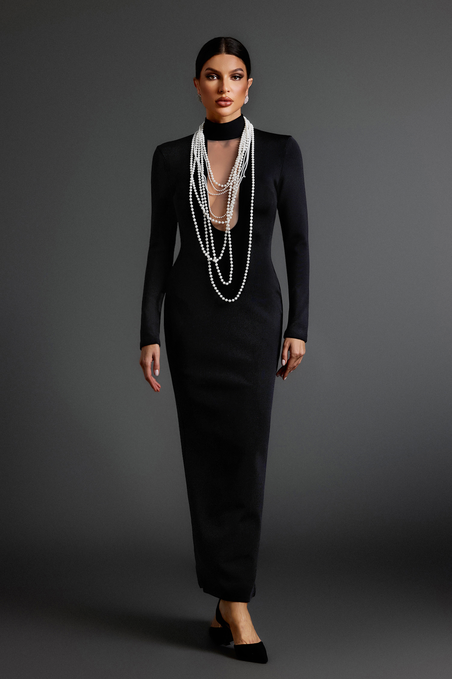 Gabriella Pearl Long Sleeves Slim Bandage Maxi Dress