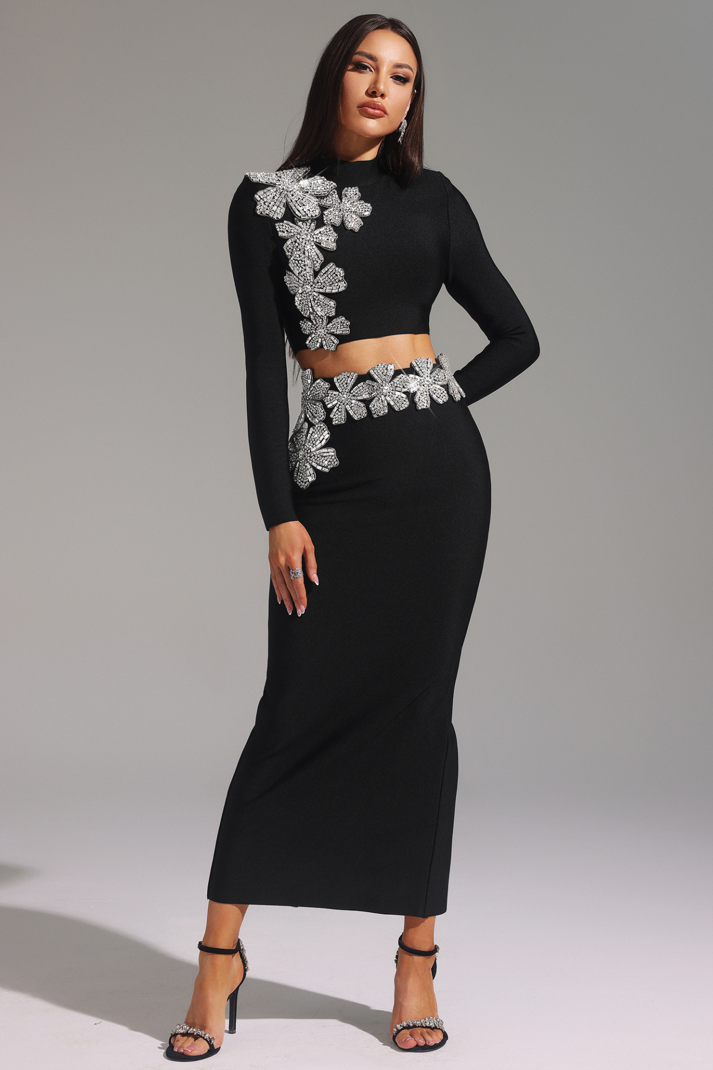 Ulama Choker Long Sleeve Diamond Flowers Bandage Maxi Two-Piece Set