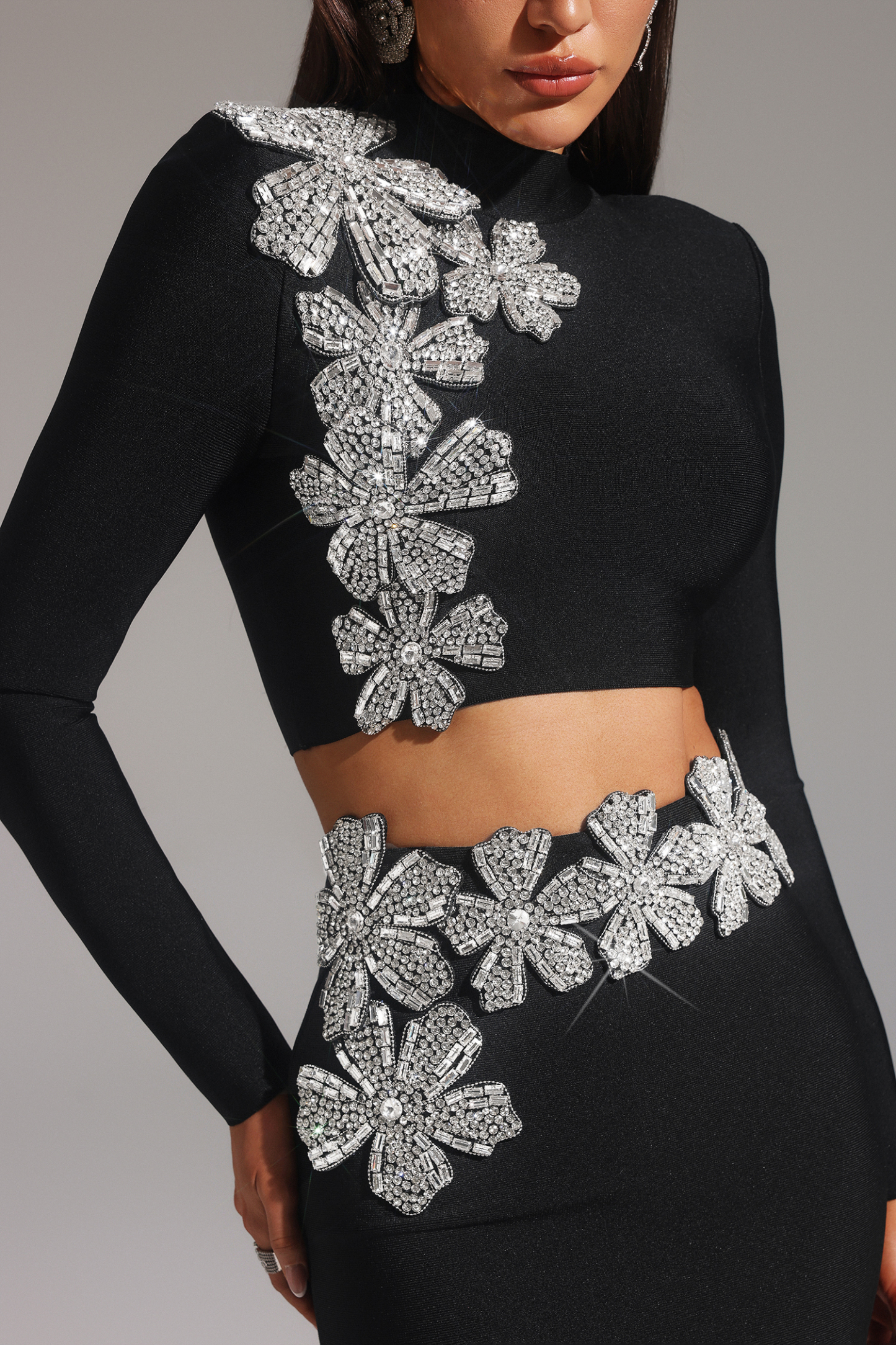 Ulama Choker Long Sleeve Diamond Flowers Bandage Maxi Two-Piece Set