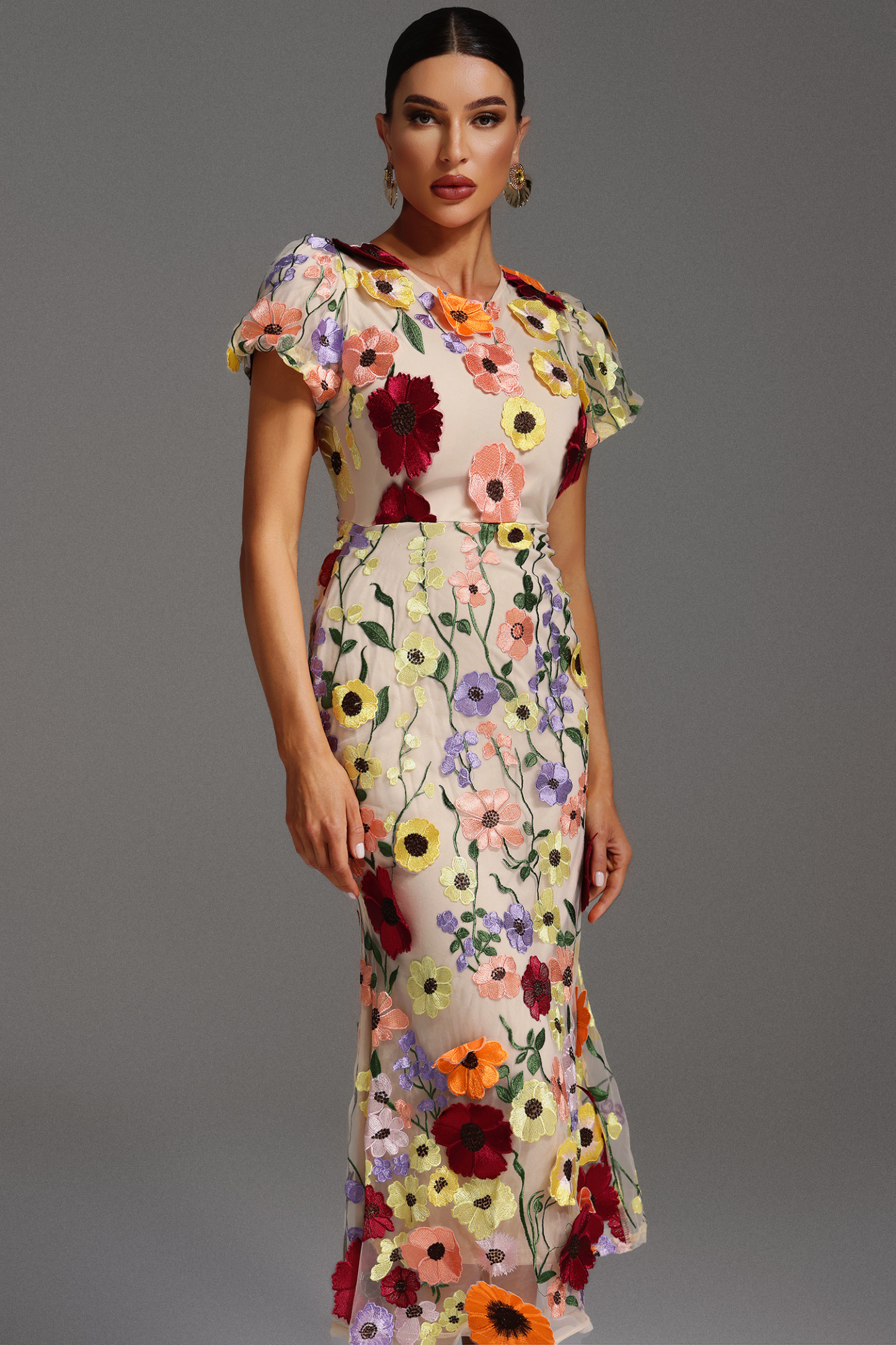 Naya Short Sleeve Round Neck Flowers Fishtail Maxi Dress