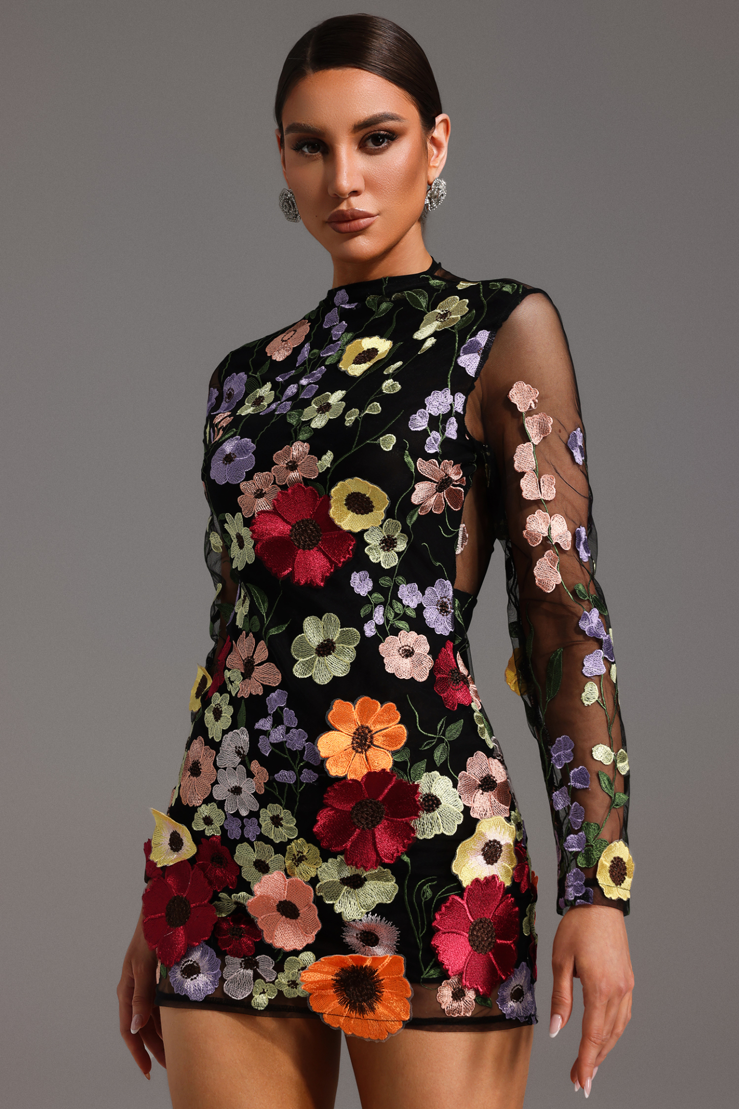 Gricely Long Sleeve Flowers Backless Mini Dress