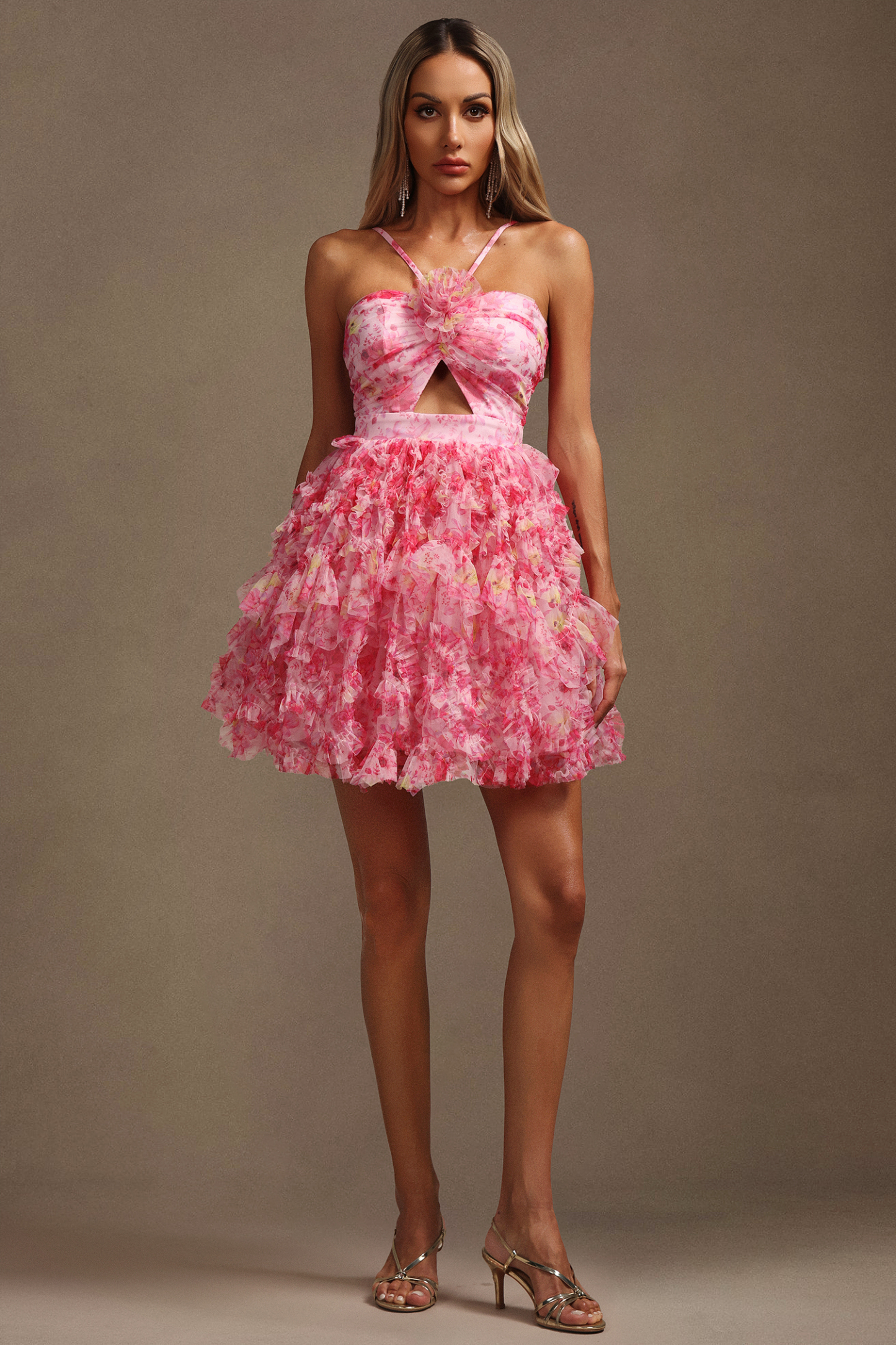 Daware Sleeveless Flower Printed Hollow Out Folds Mini Dress