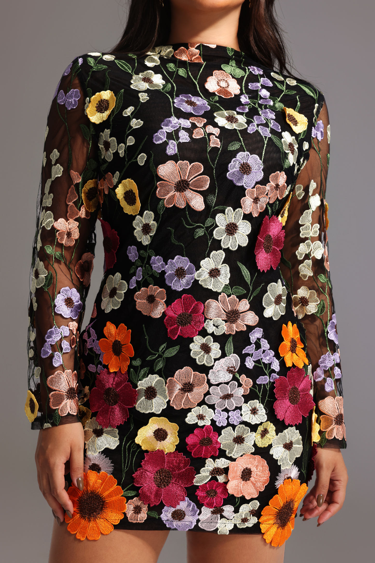 Gricely Long Sleeve Flowers Backless Mini Dress