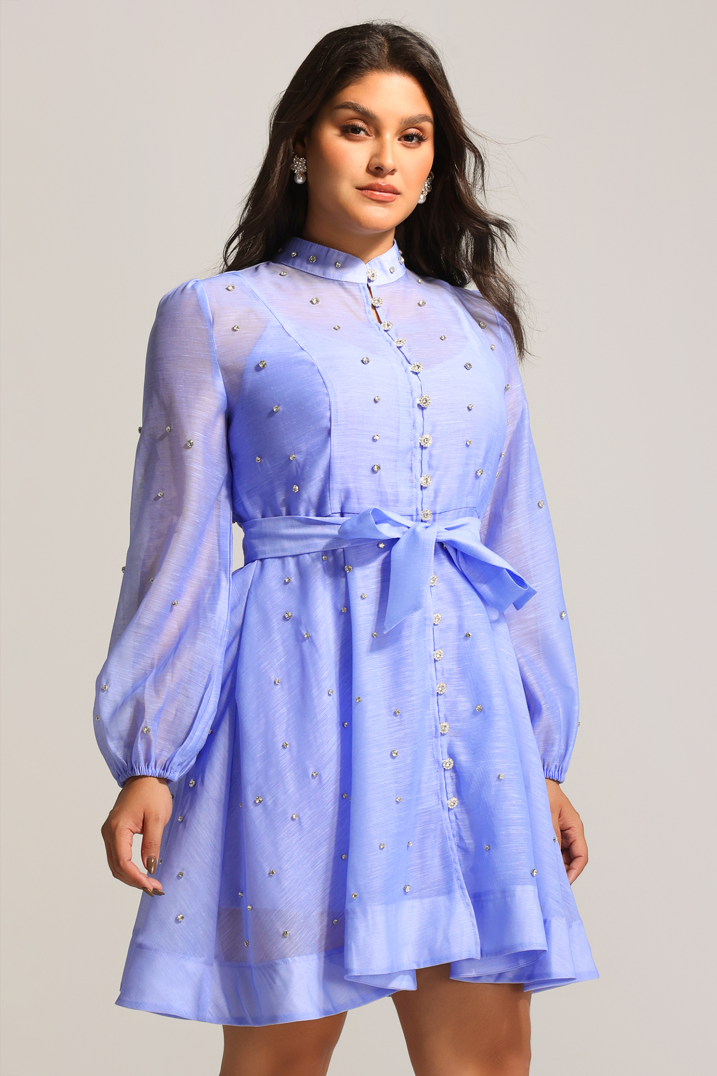 Farrah Long Sleeves Diamond Button Shirt Mini Dress