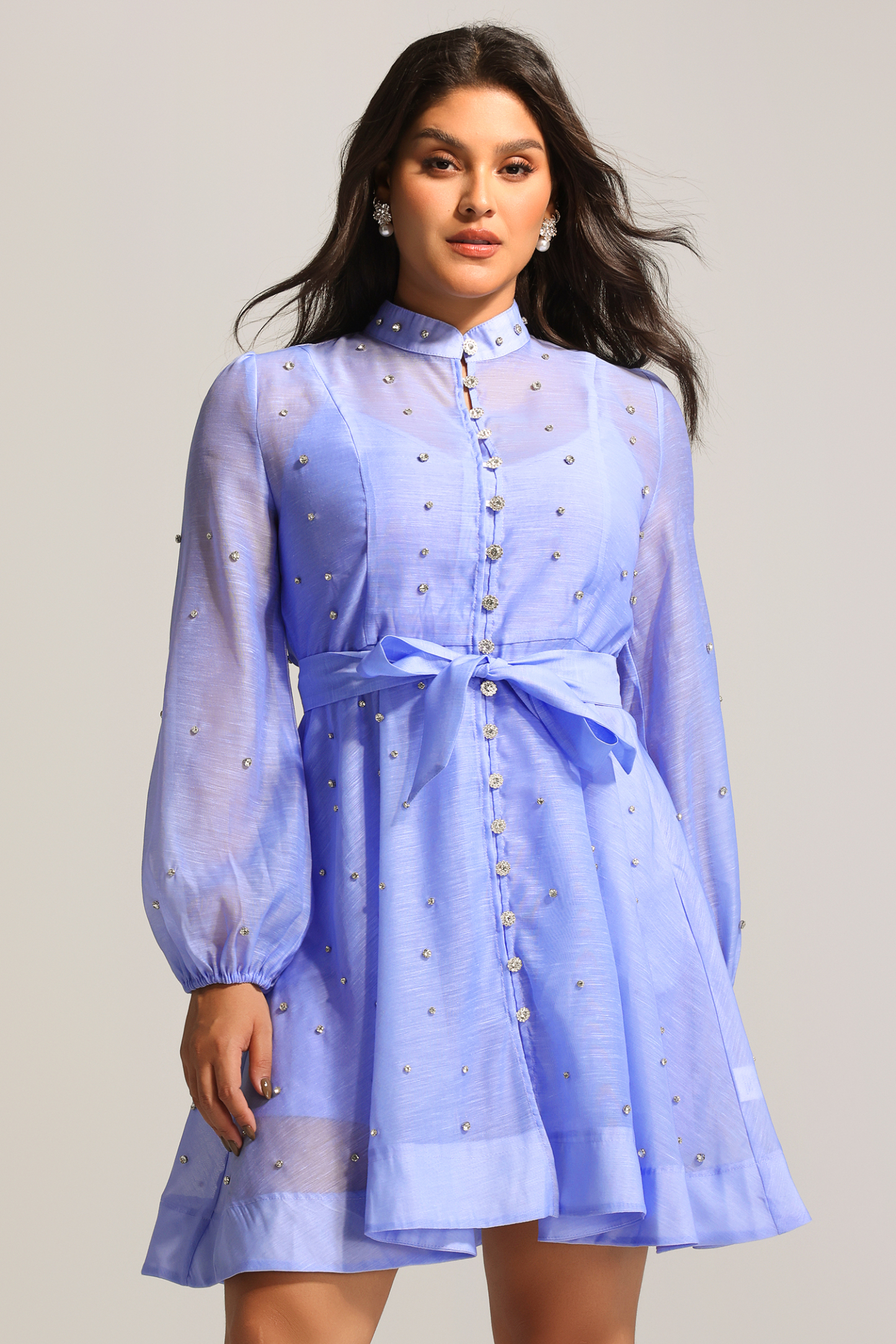 Farrah Long Sleeves Diamond Button Shirt Mini Dress