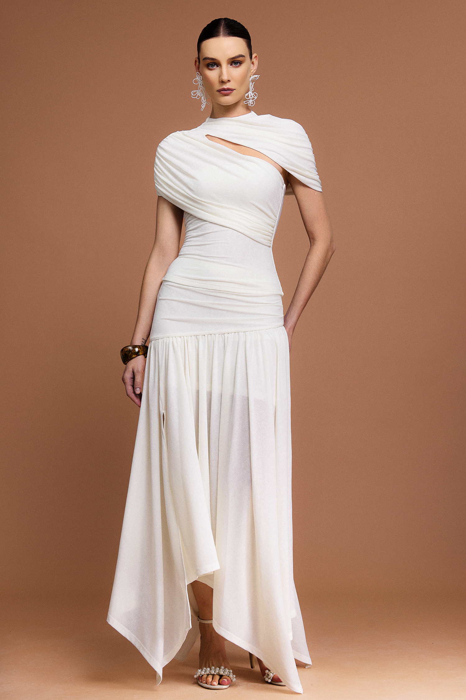 Fresco Short Sleeves Asymmetric Folds Top And Skirt Two-Piece Set