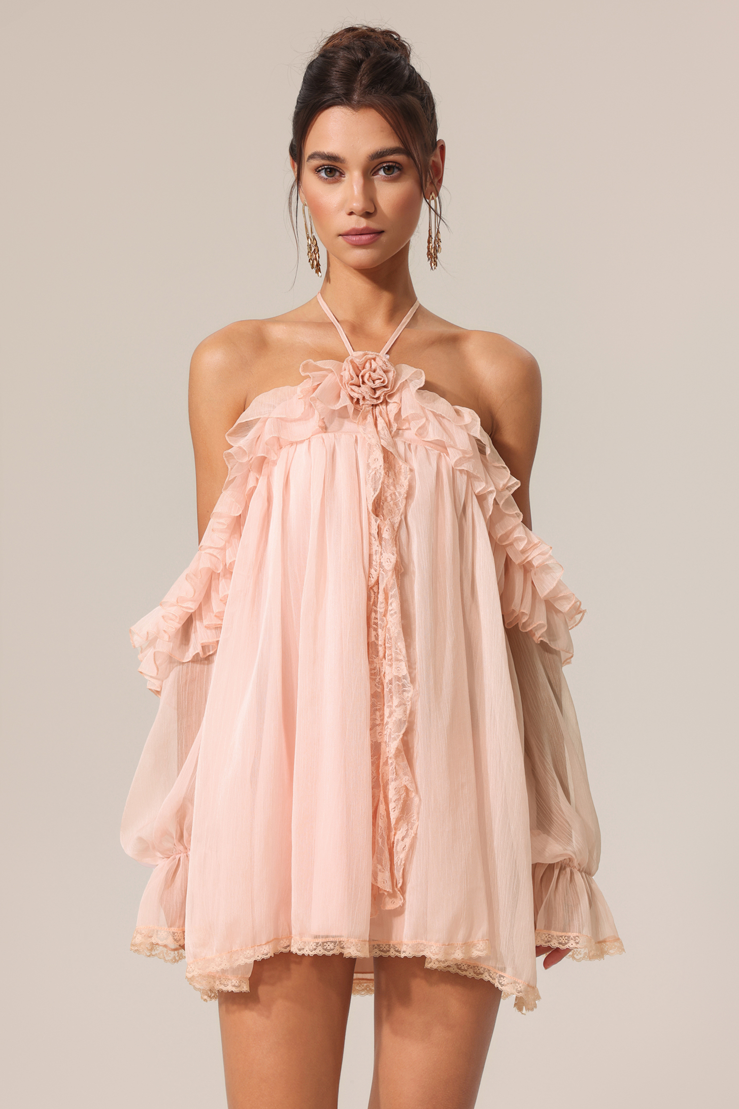 Estella Long Sleeves Flowers Folds Mini Dress