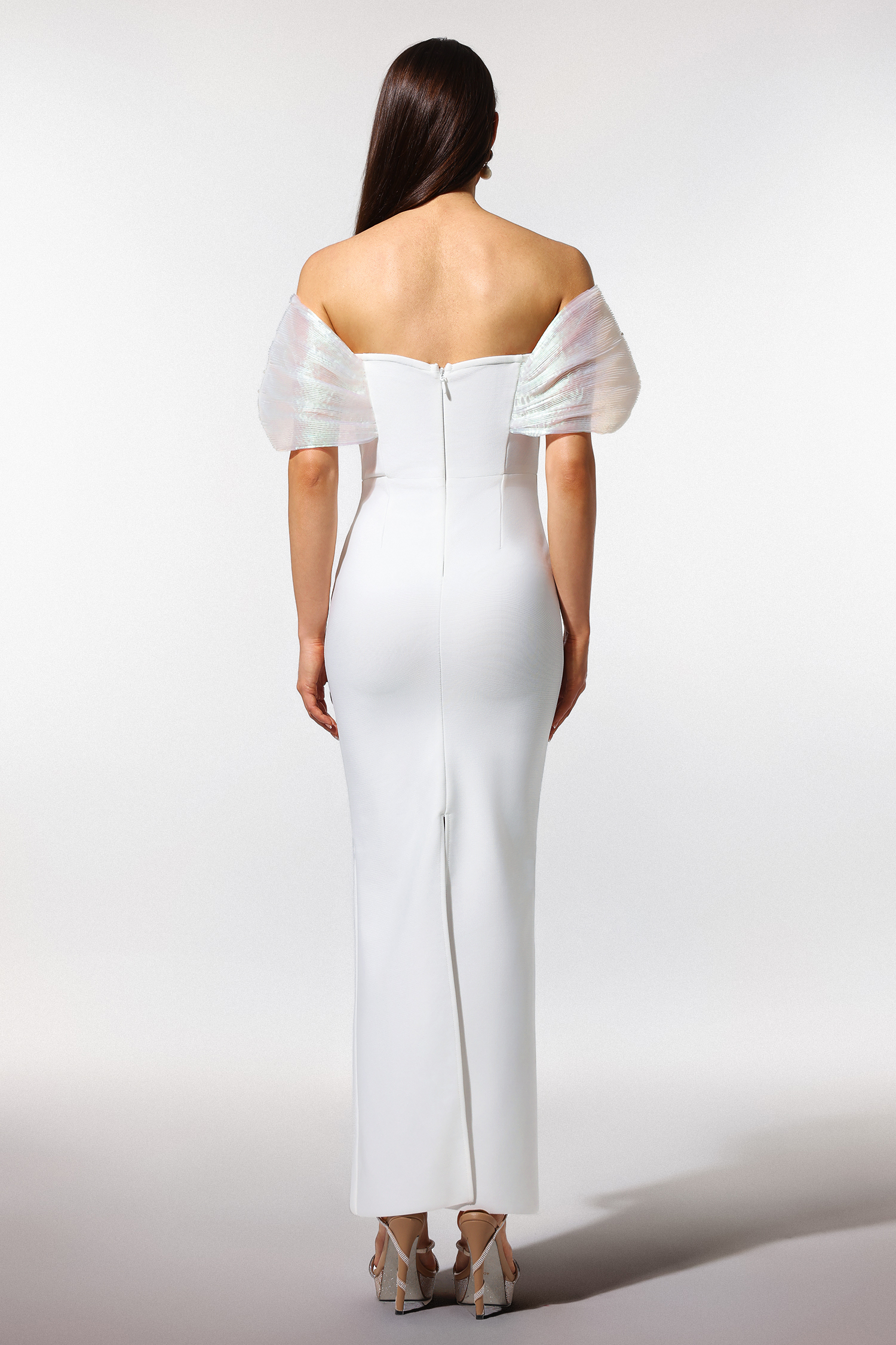 Sharina Off-The-Shoulder Pearl Bandage Maxi Dress