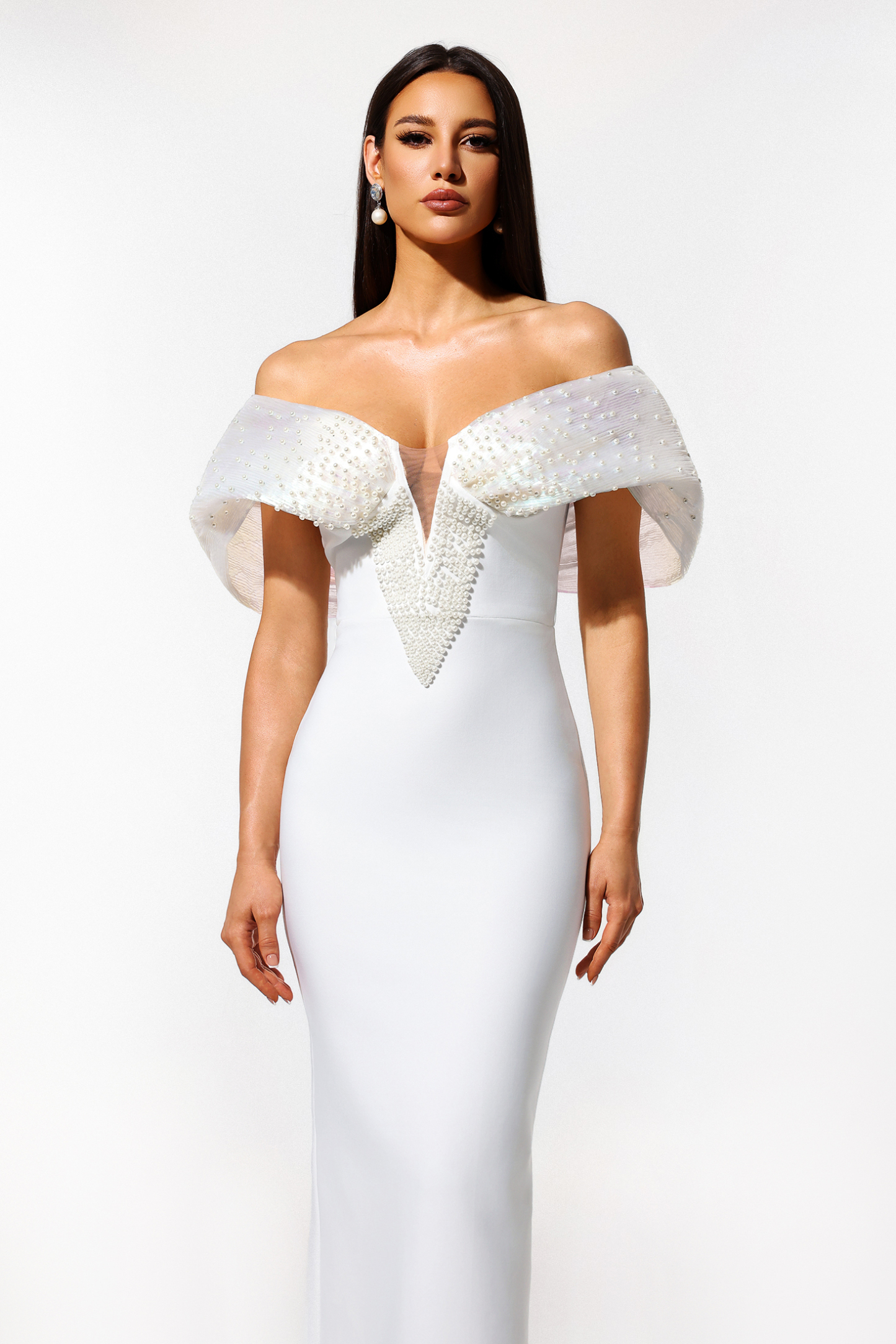 Sharina Off-The-Shoulder Pearl Bandage Maxi Dress