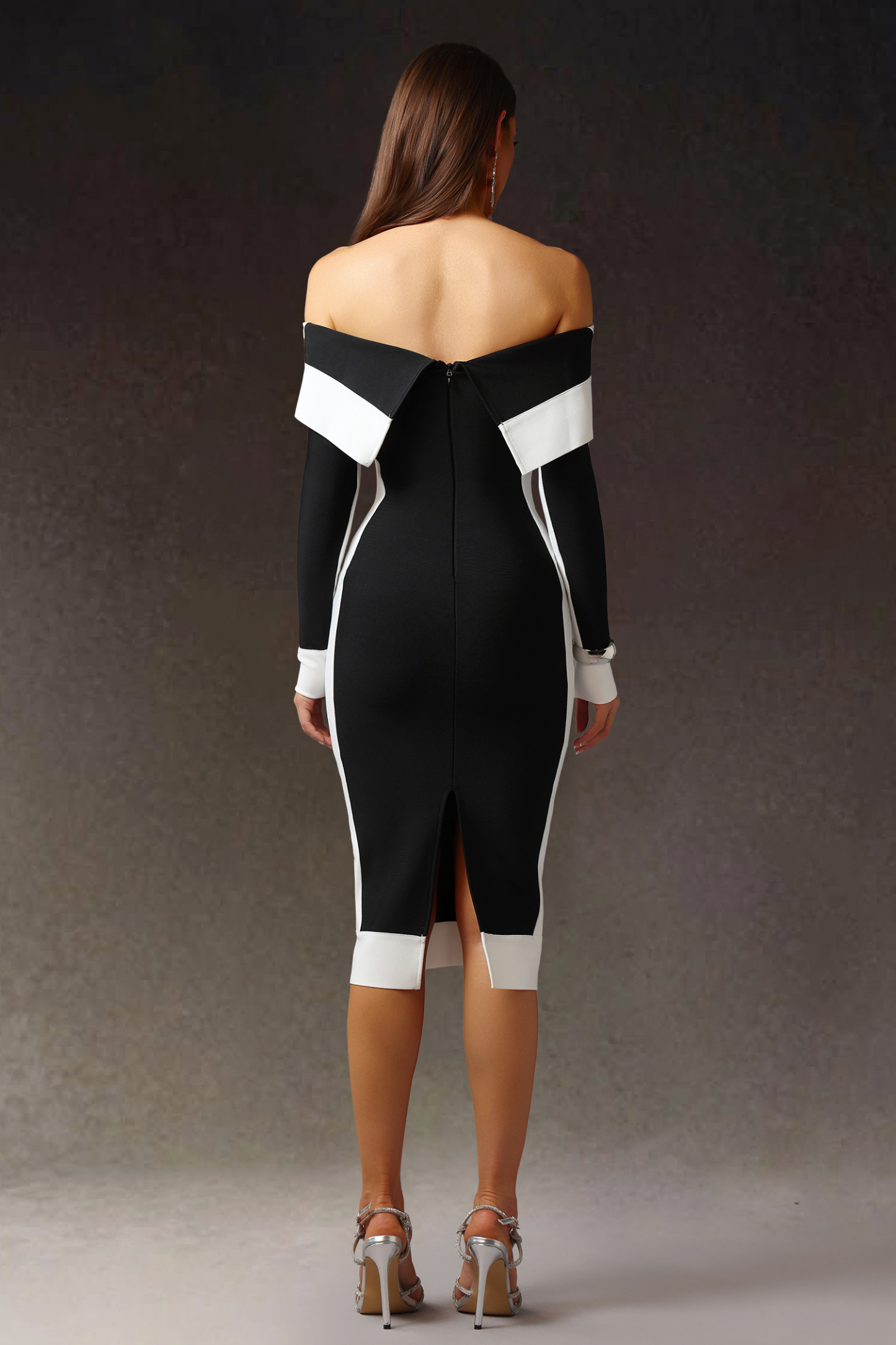 Mattey Off-The-Shoulder Long Sleeves Stripes Bandage Midi Dress