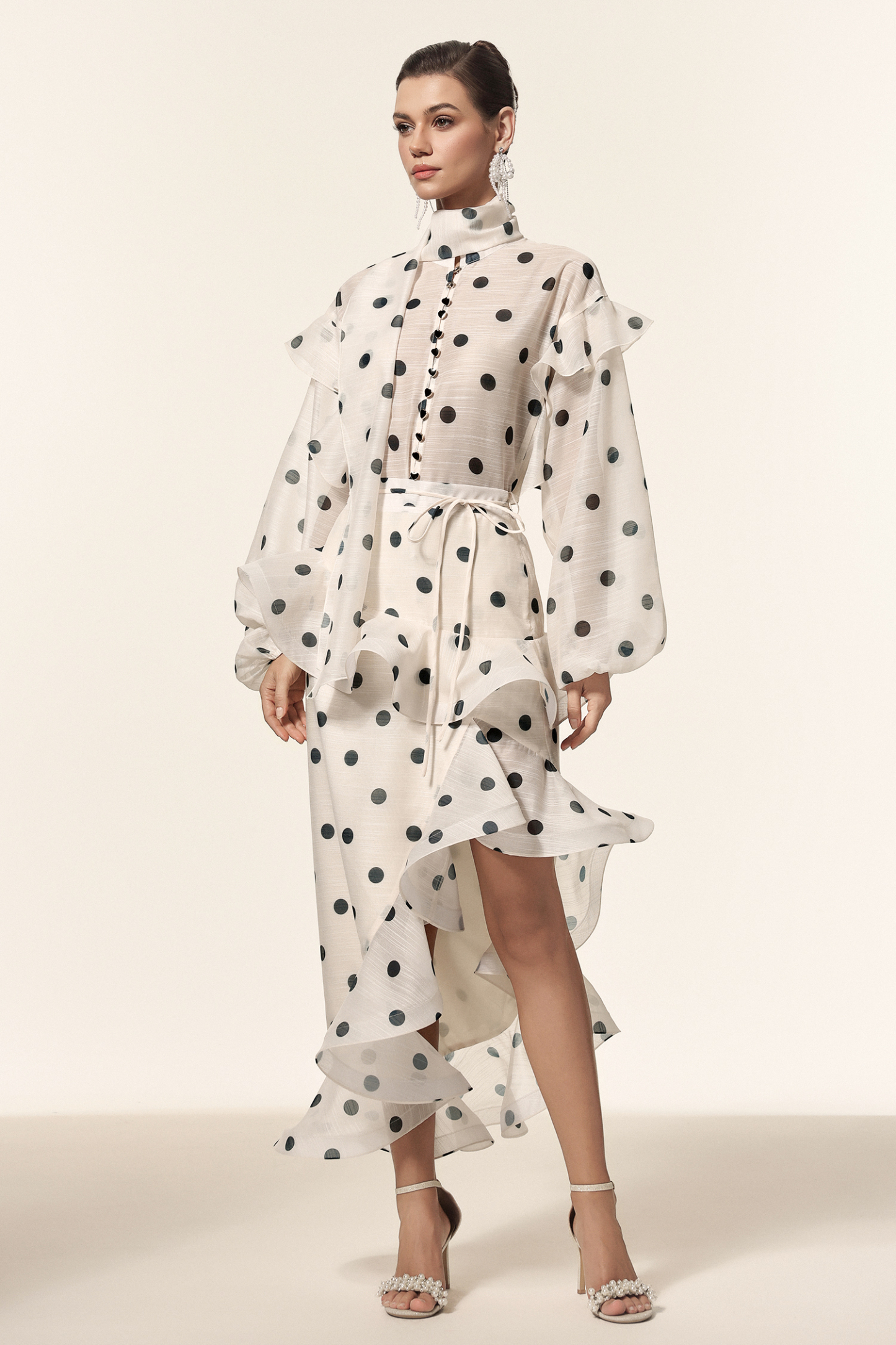 Vleah Streamer Long Sleeves Dot Printed Asymmetric Folds Midi Dress
