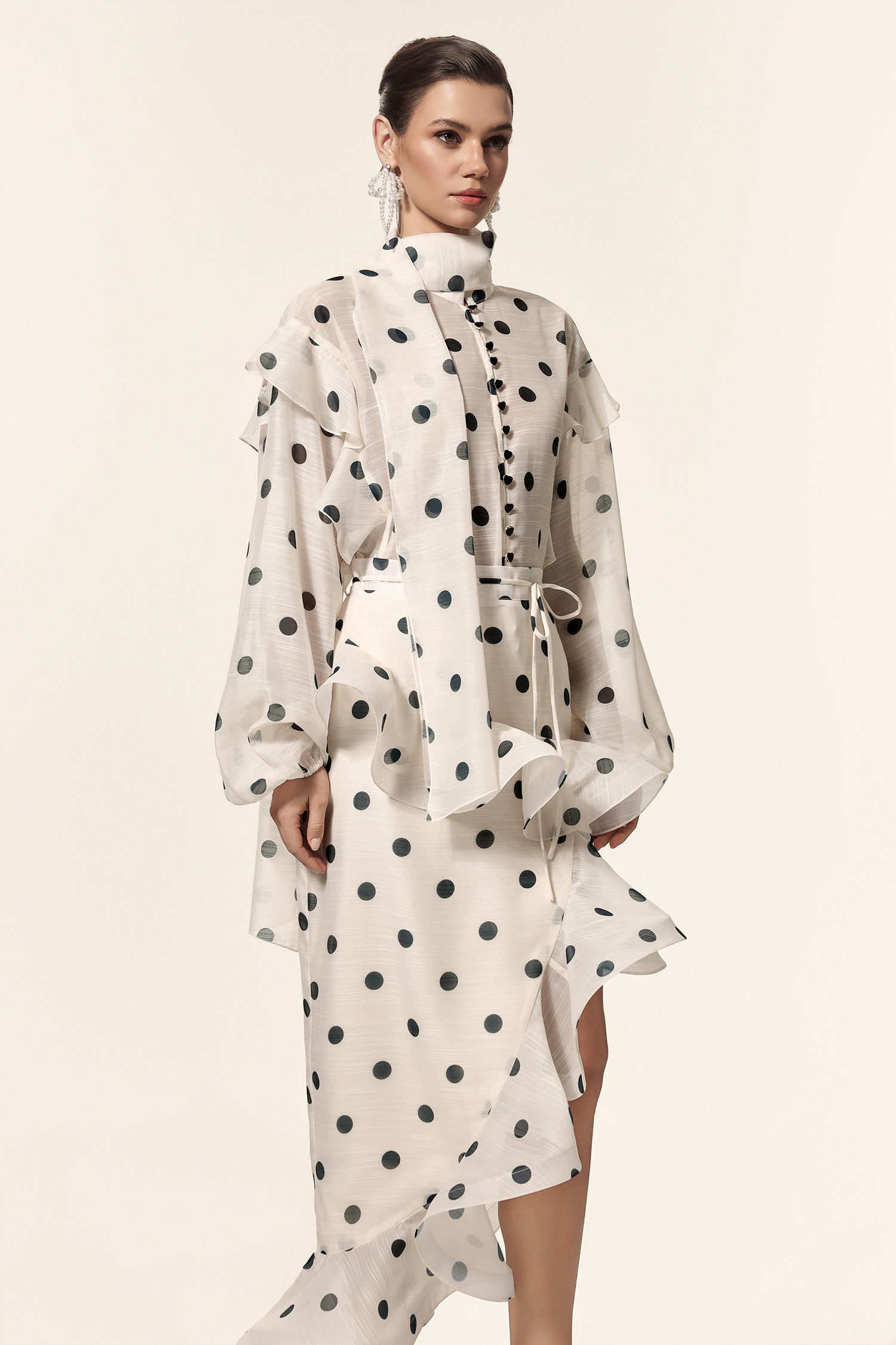 Vleah Streamer Long Sleeves Dot Printed Asymmetric Folds Midi Dress