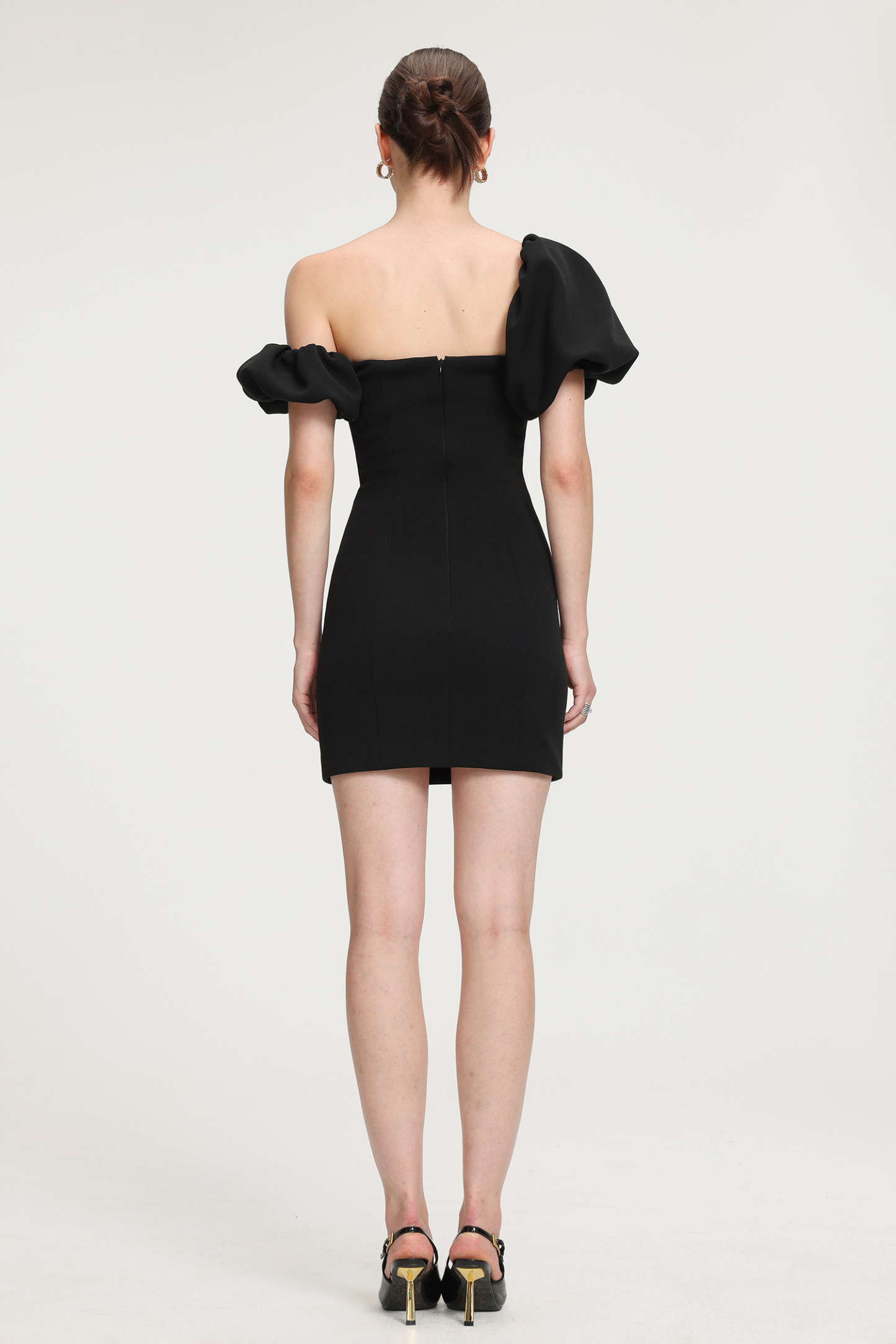 Asymmetric Puff - Sleeve Crepe Mini Dress