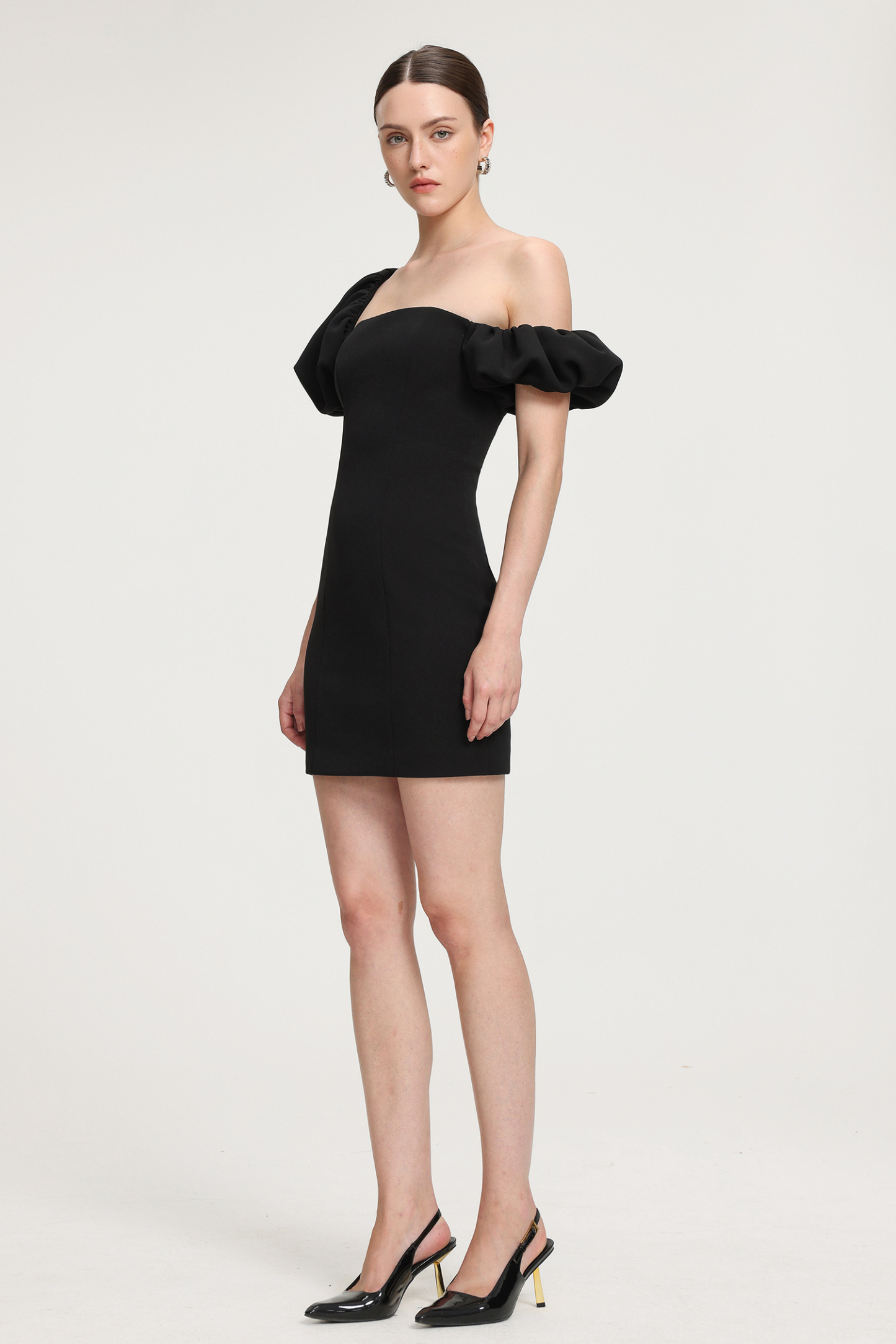 Asymmetric Puff - Sleeve Crepe Mini Dress