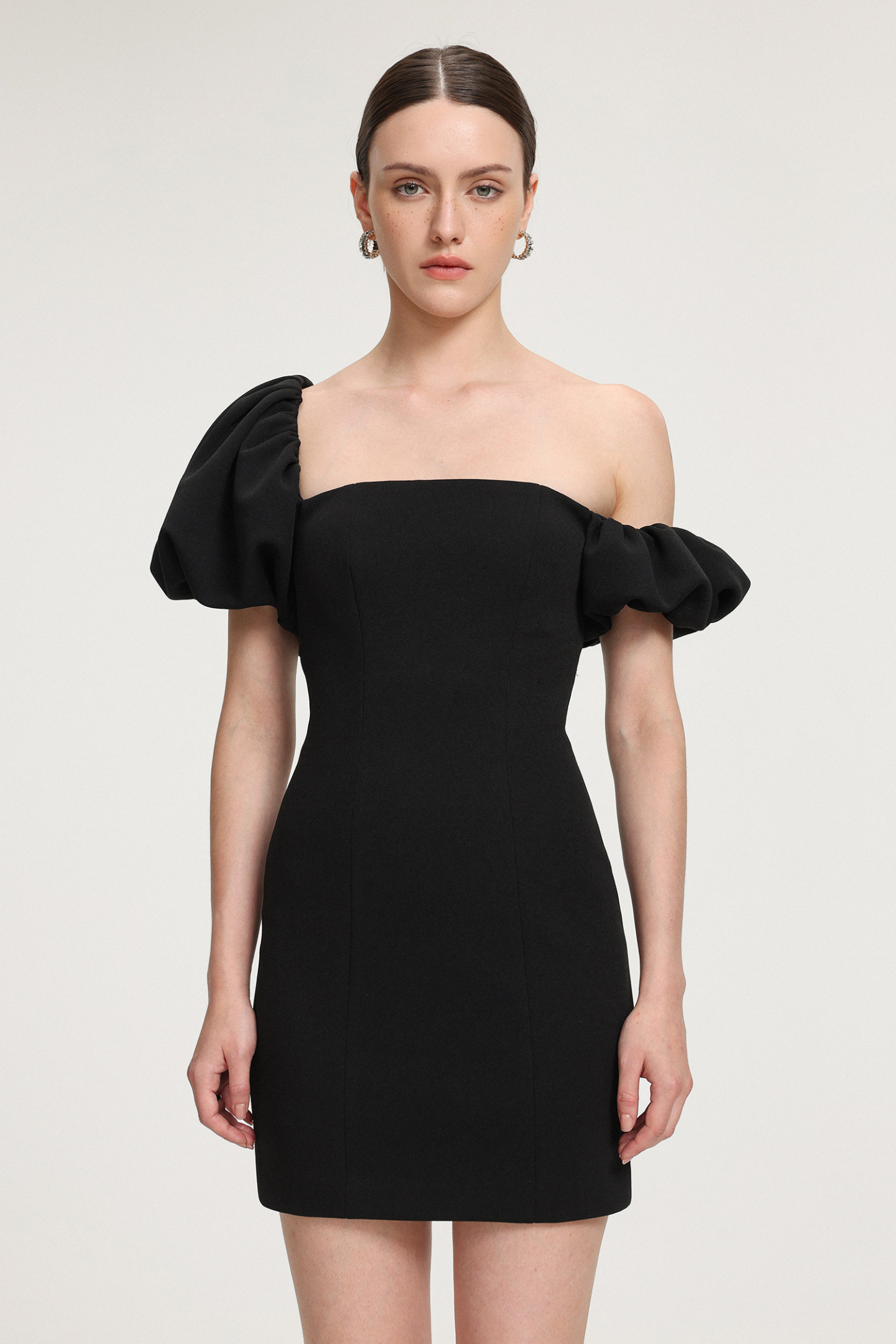 Asymmetric Puff - Sleeve Crepe Mini Dress