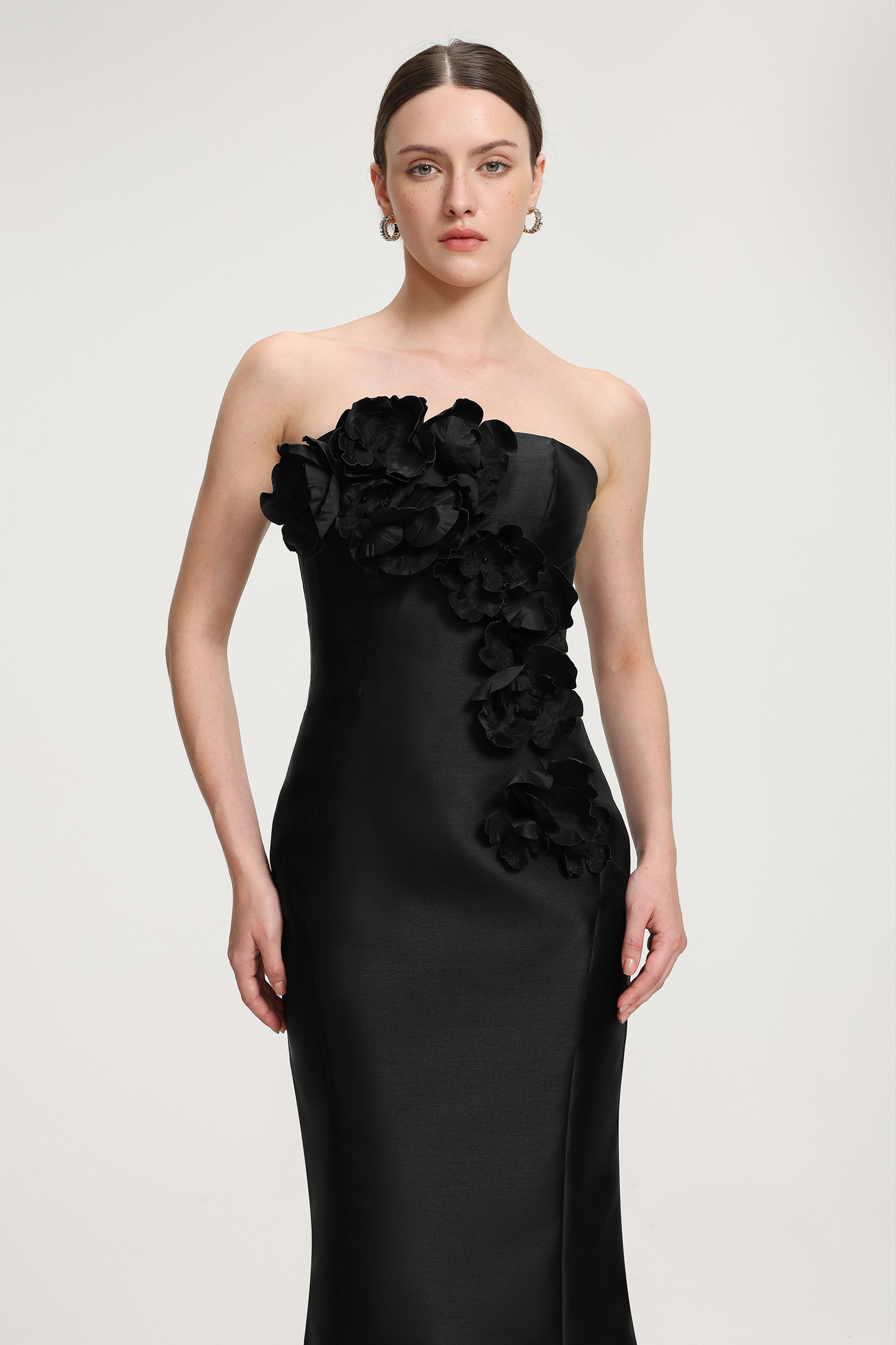 3D Floral - Embellished Strapless Satin Mermaid Maxi Dress