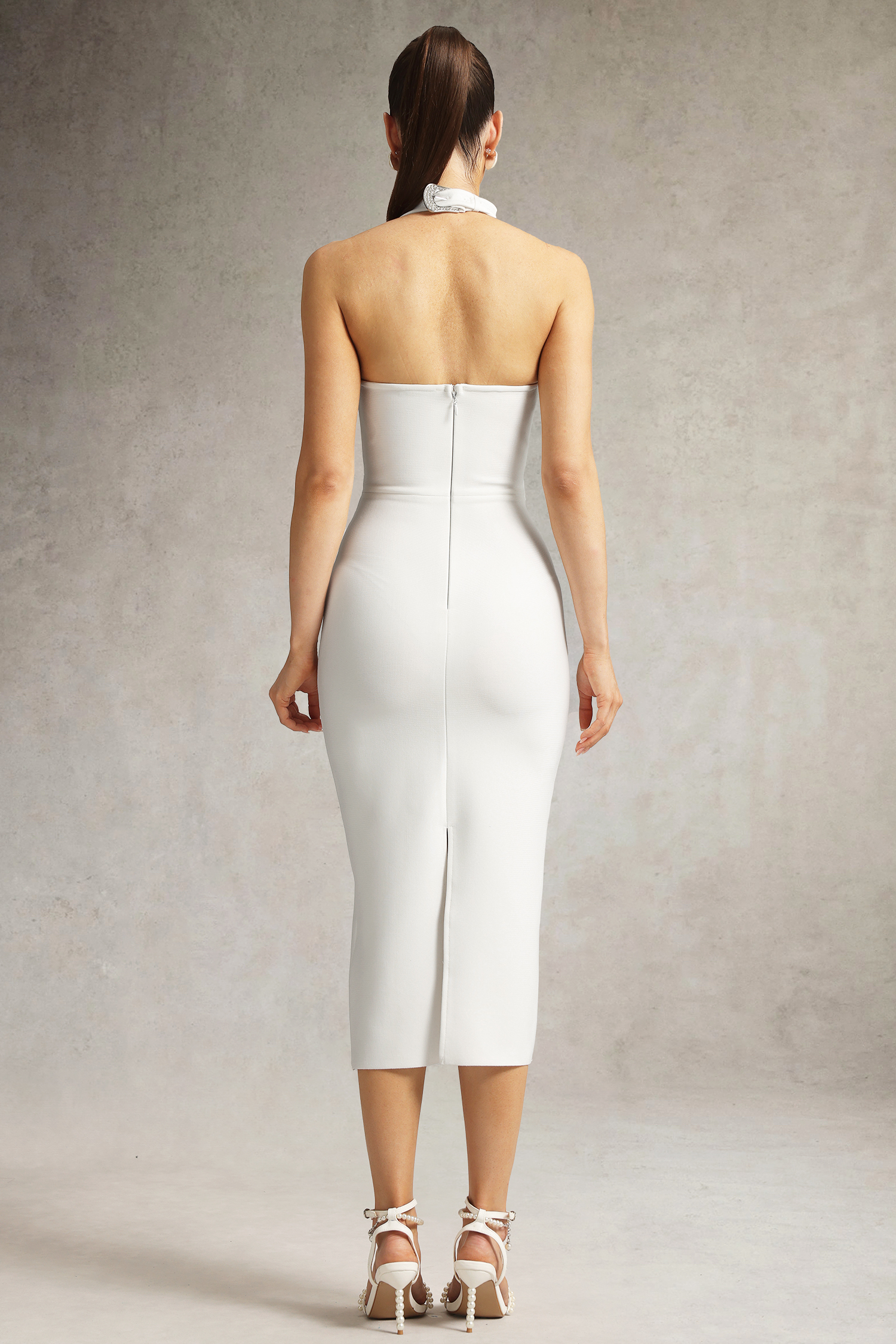 Viane Halter Cut Out Metal Buckle Bandage Midi Dress