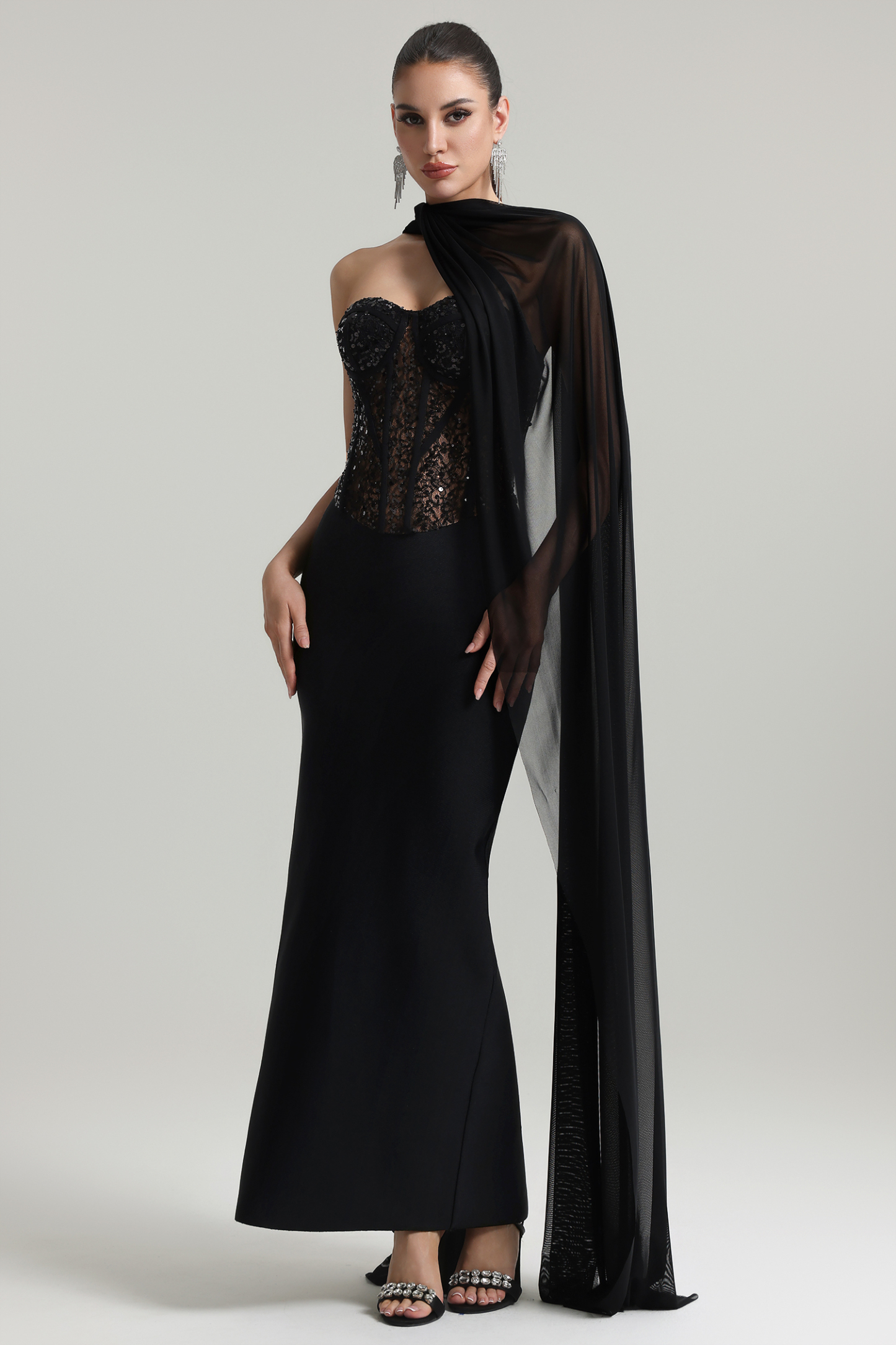 Dodou Strapless Cape Sequin Bandage Maxi Dress