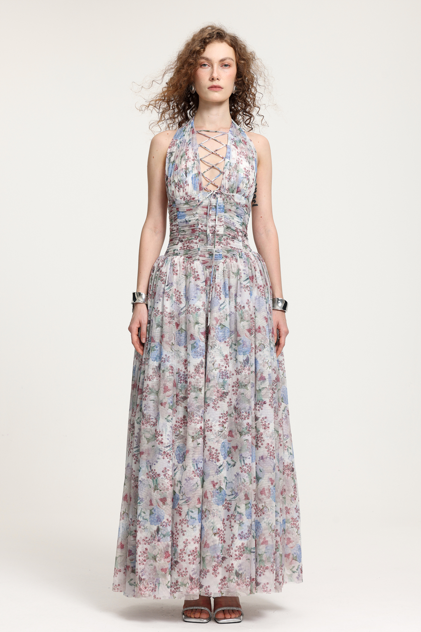 Lace-Up Halter Floral Tulle Gown