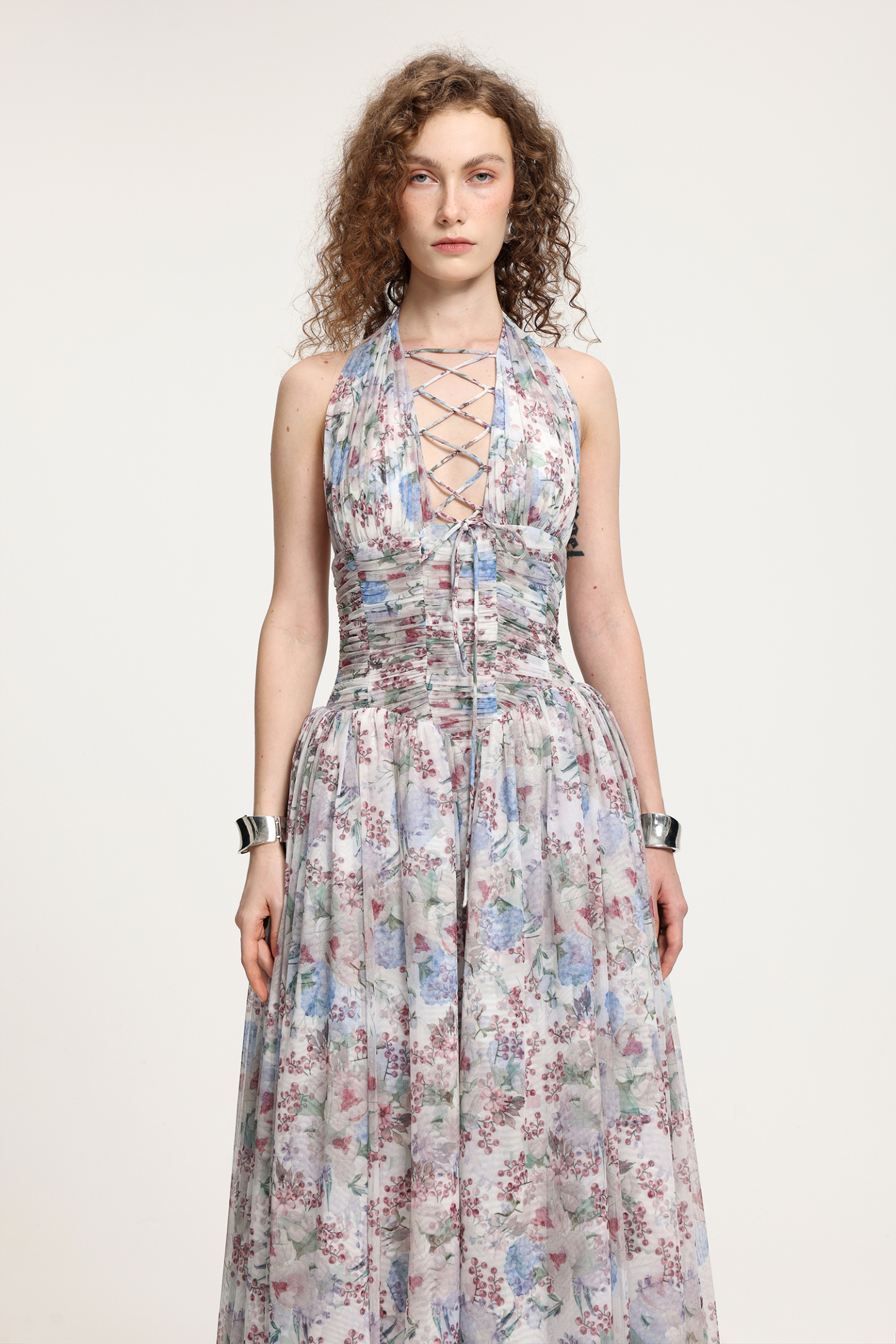 Lace-Up Halter Floral Tulle Gown