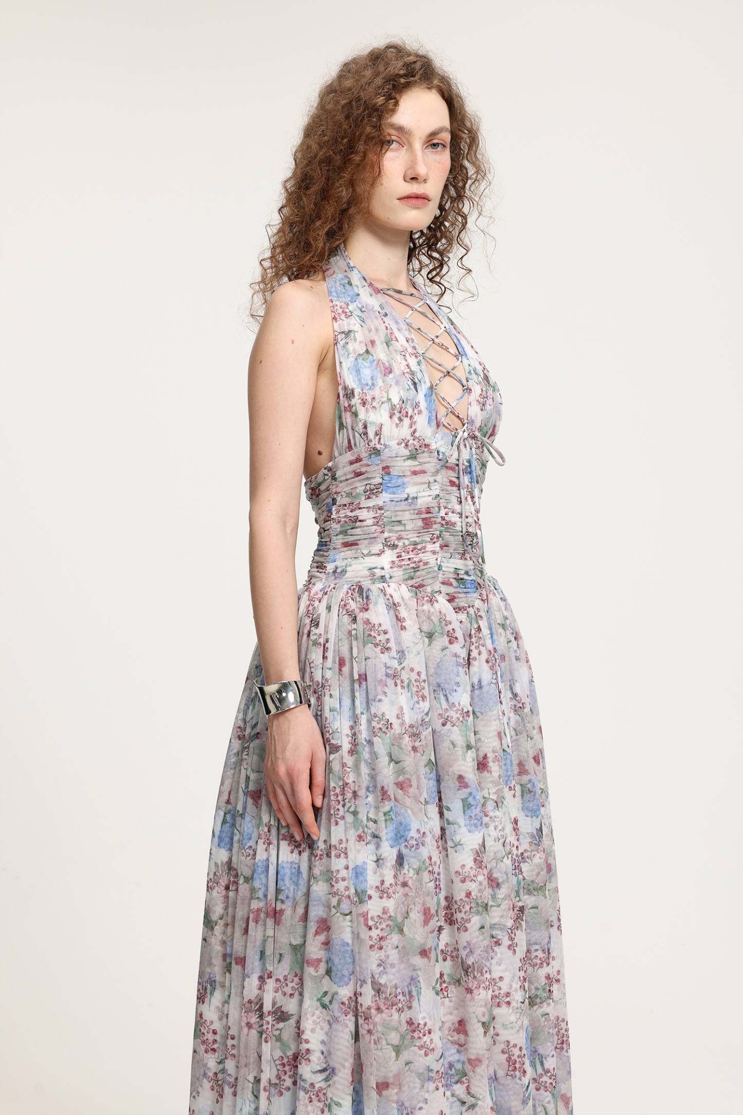 Lace-Up Halter Floral Tulle Gown