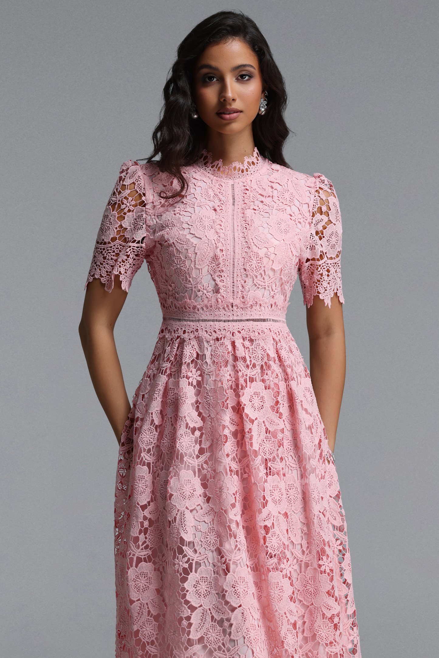 Valema Resort Flowy Short Sleeve Floral Lace Midi Dress