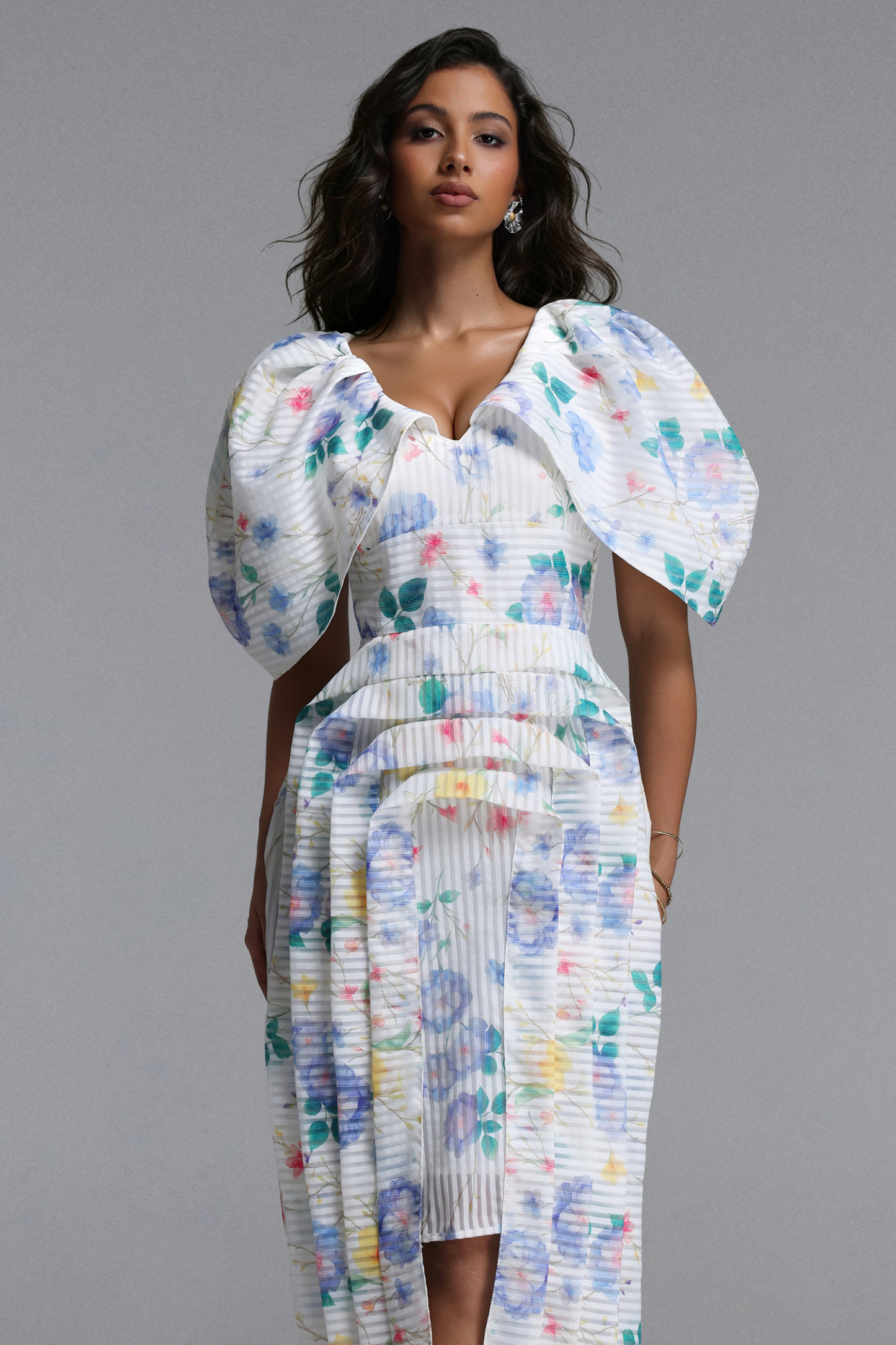 Wezal Chic Tailored Floral Print Stripe Woven Midi Dress