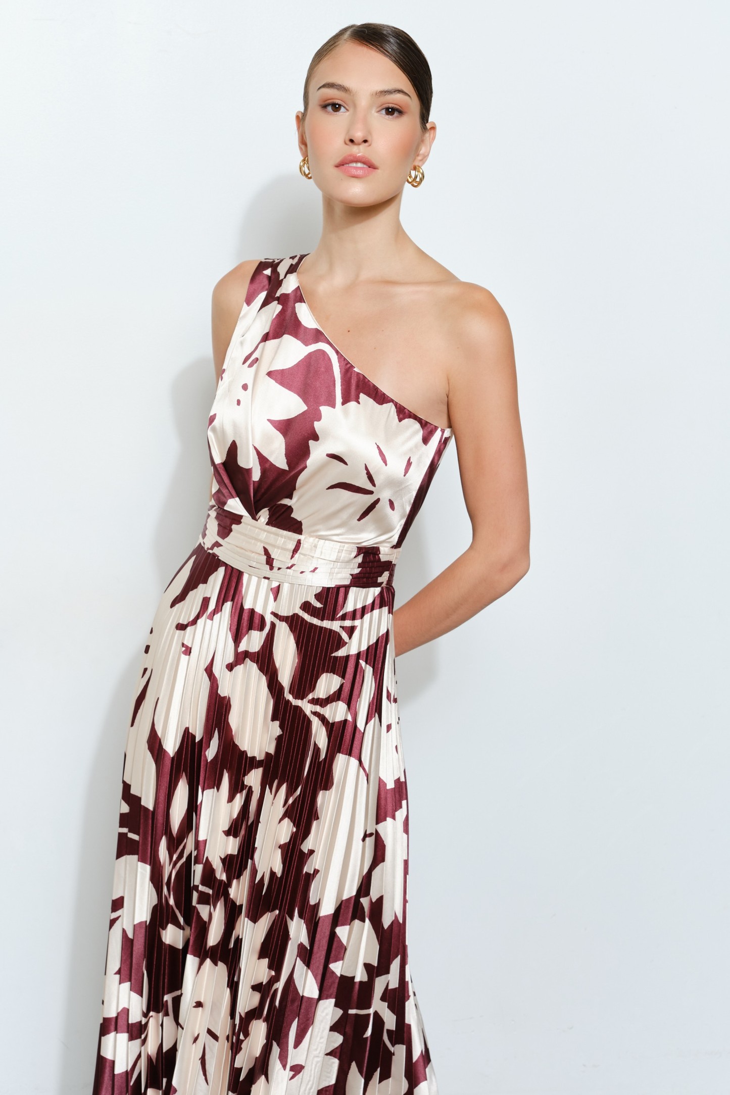 One Shoulder Satin Floral Print Pleated Maxi Dress