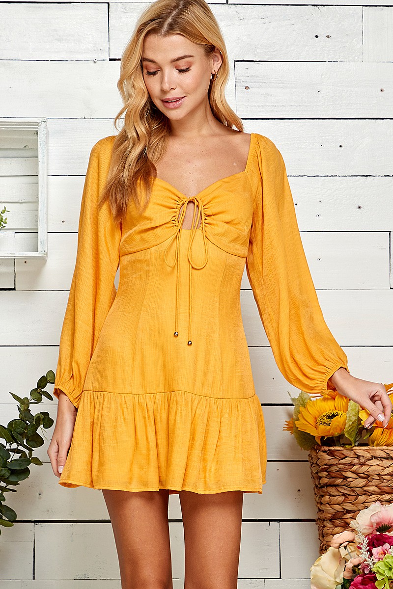 String Tie Balloon Sleeves Mini Dress