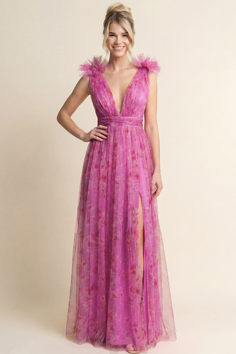 LM1010 Tulle Floral Print Gown