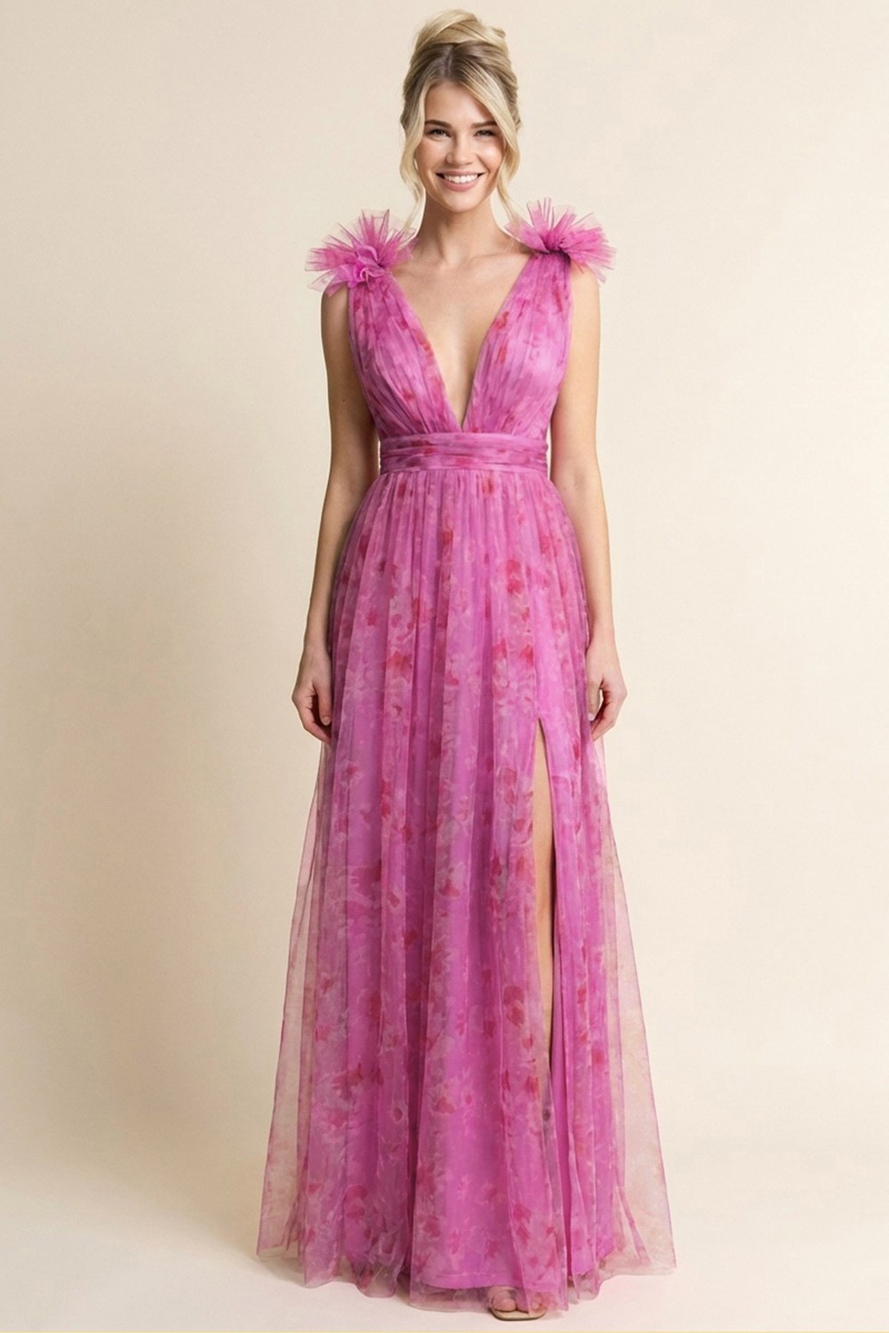 LM1010 Tulle Floral Print Gown