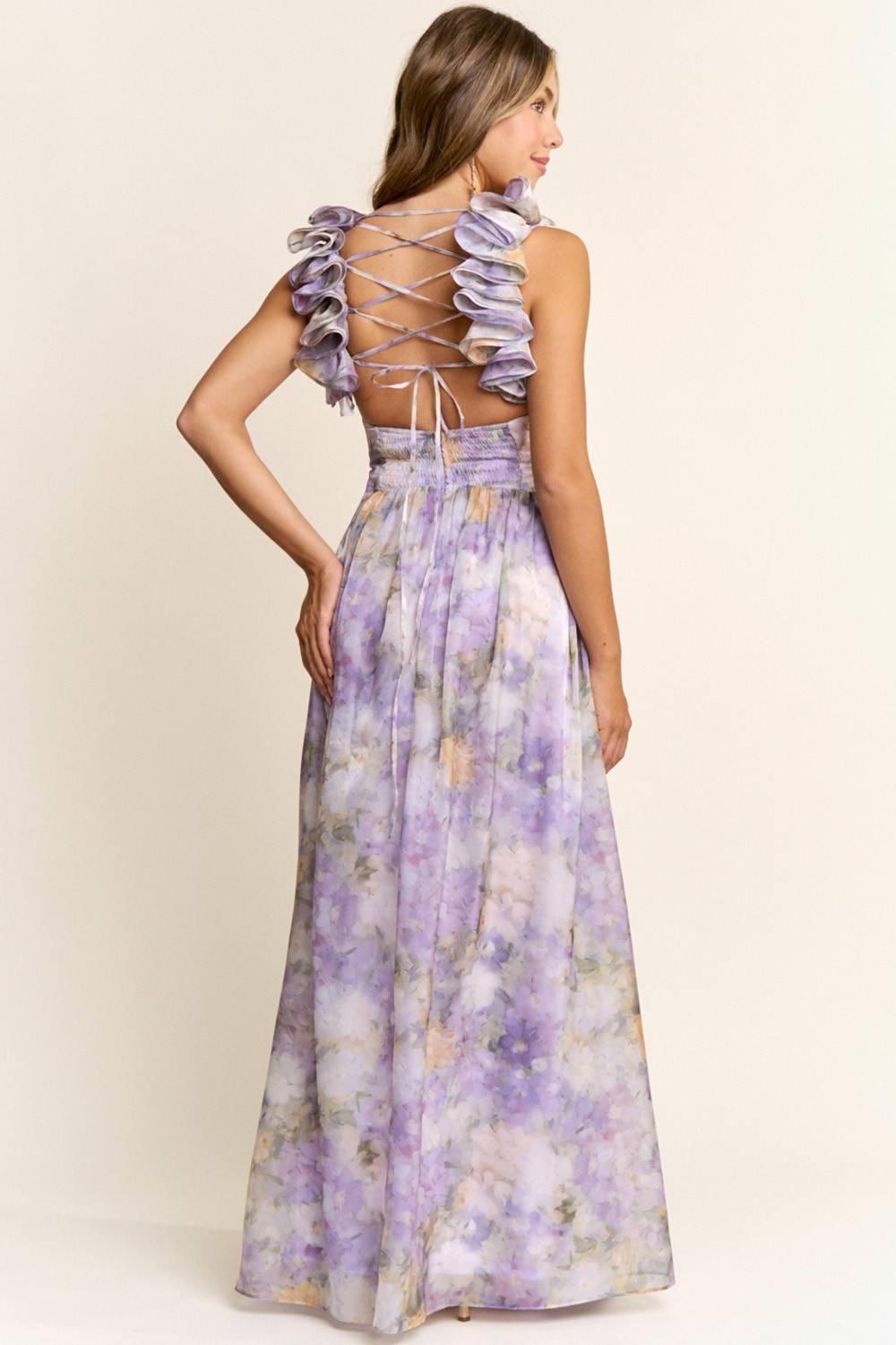 MF25105 Flower Chiffon Printed Tie Back Dress 