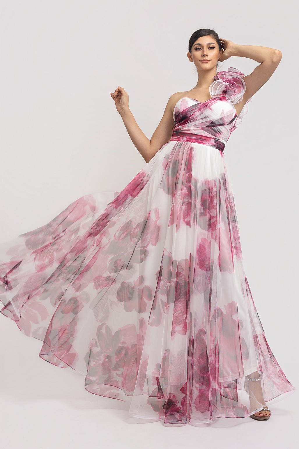 One Ruffle Shoulder Back Lace Up Maxi Dress RVD6884