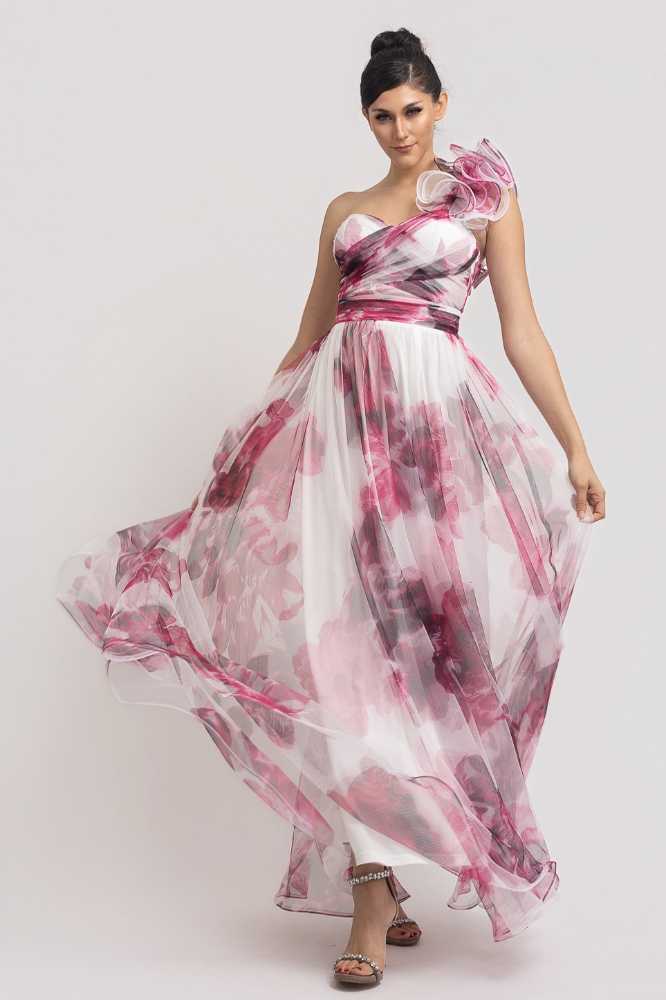 One Ruffle Shoulder Back Lace Up Maxi Dress RVD6884