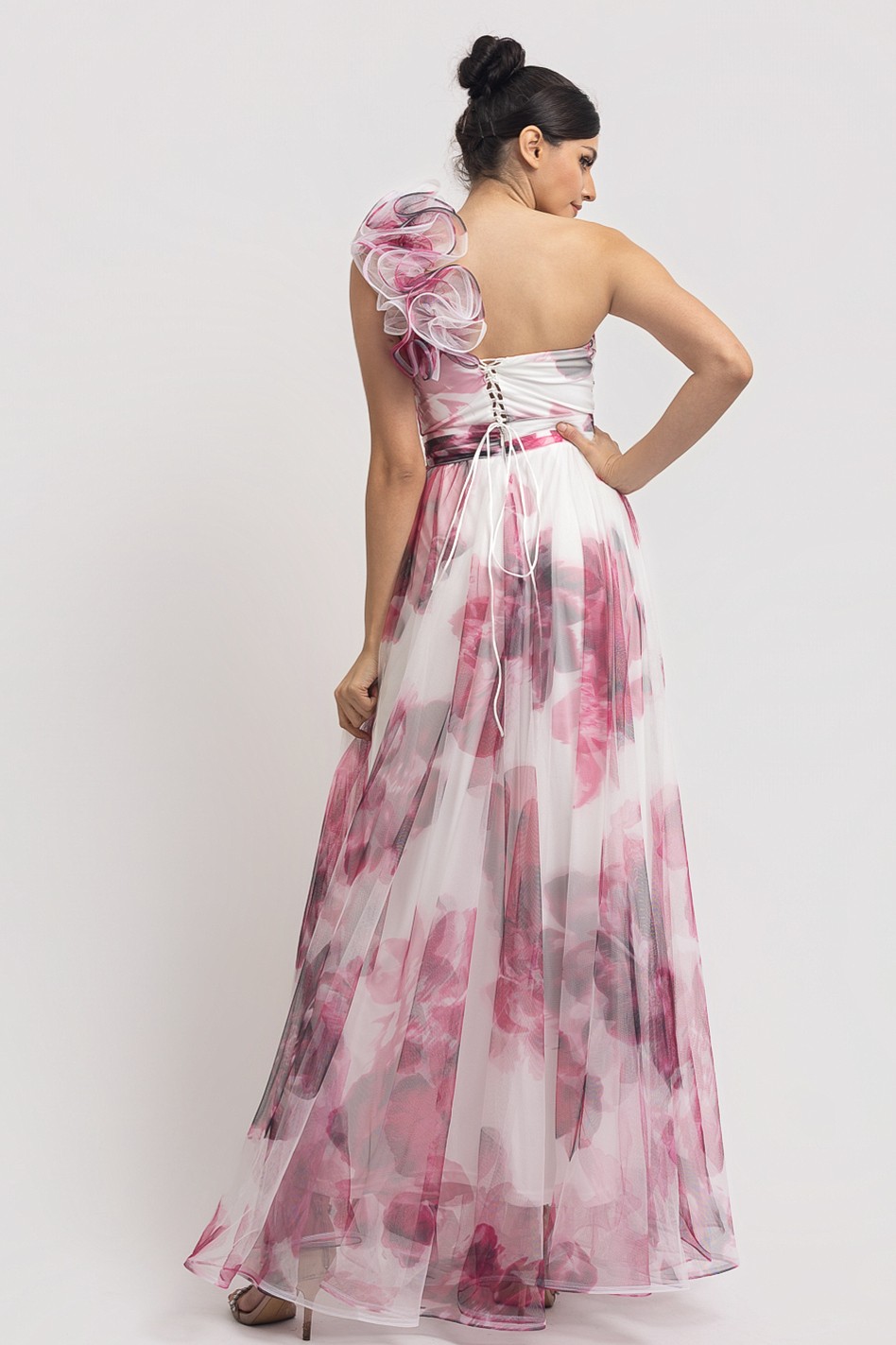 One Ruffle Shoulder Back Lace Up Maxi Dress RVD6884