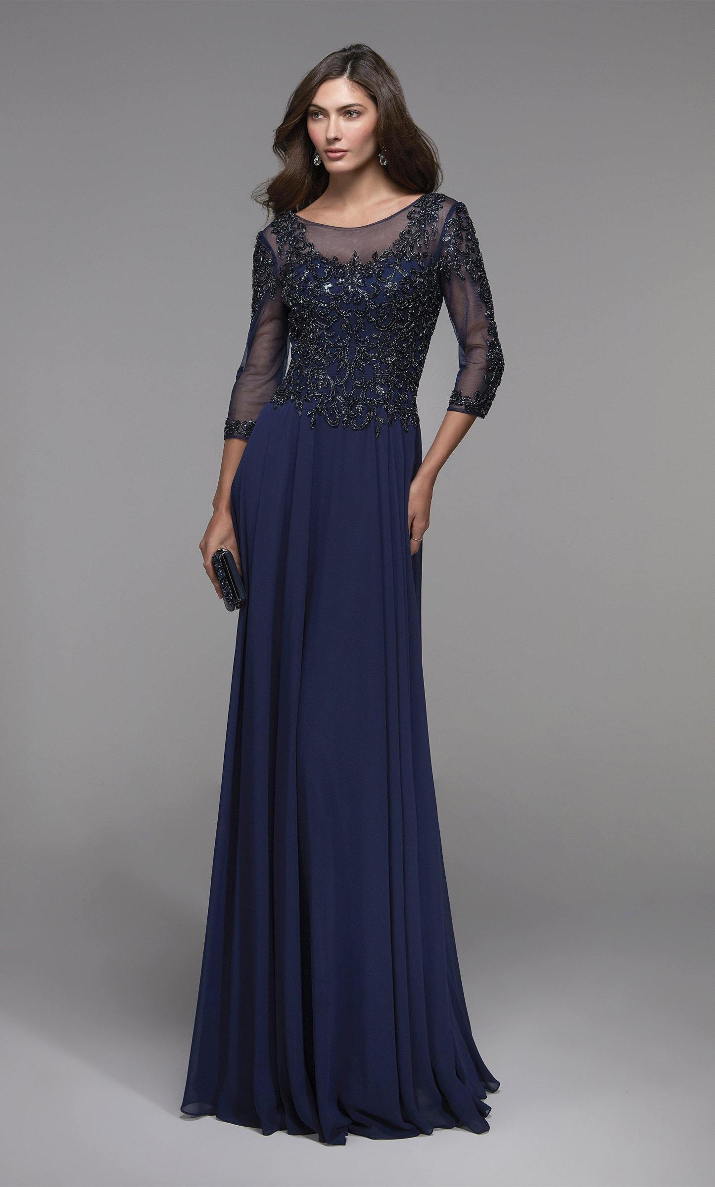Illusion Neckline Beaded Flowy Chiffon Long Evening Dress #27502