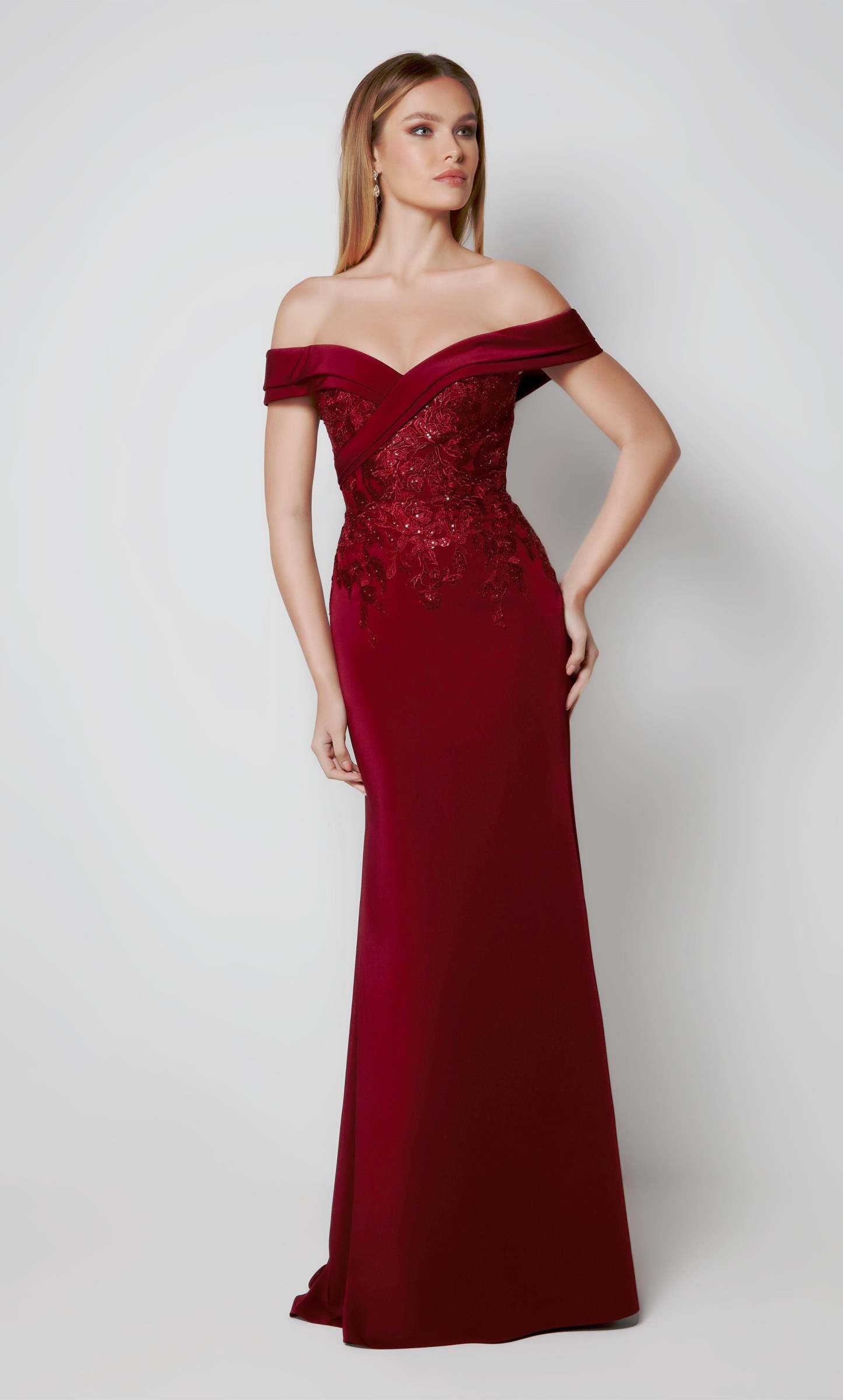 Fit N Flare Off The Shoulder Stretch Crepe Mother Of The Bride Dress