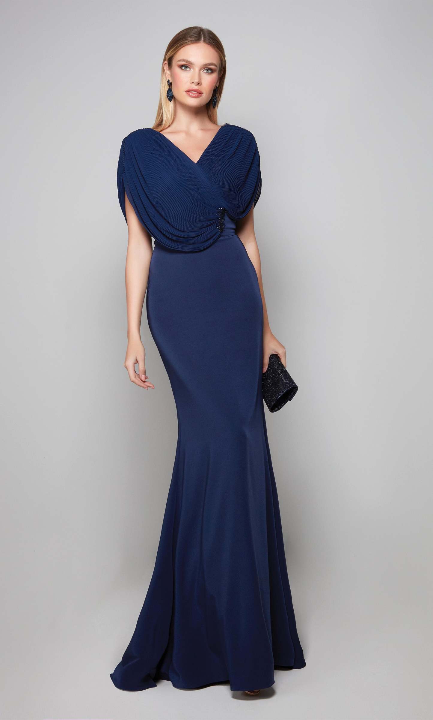 Fit N Flare V-neck Stretch Crepe Beaded Mother Of The Bride Dress