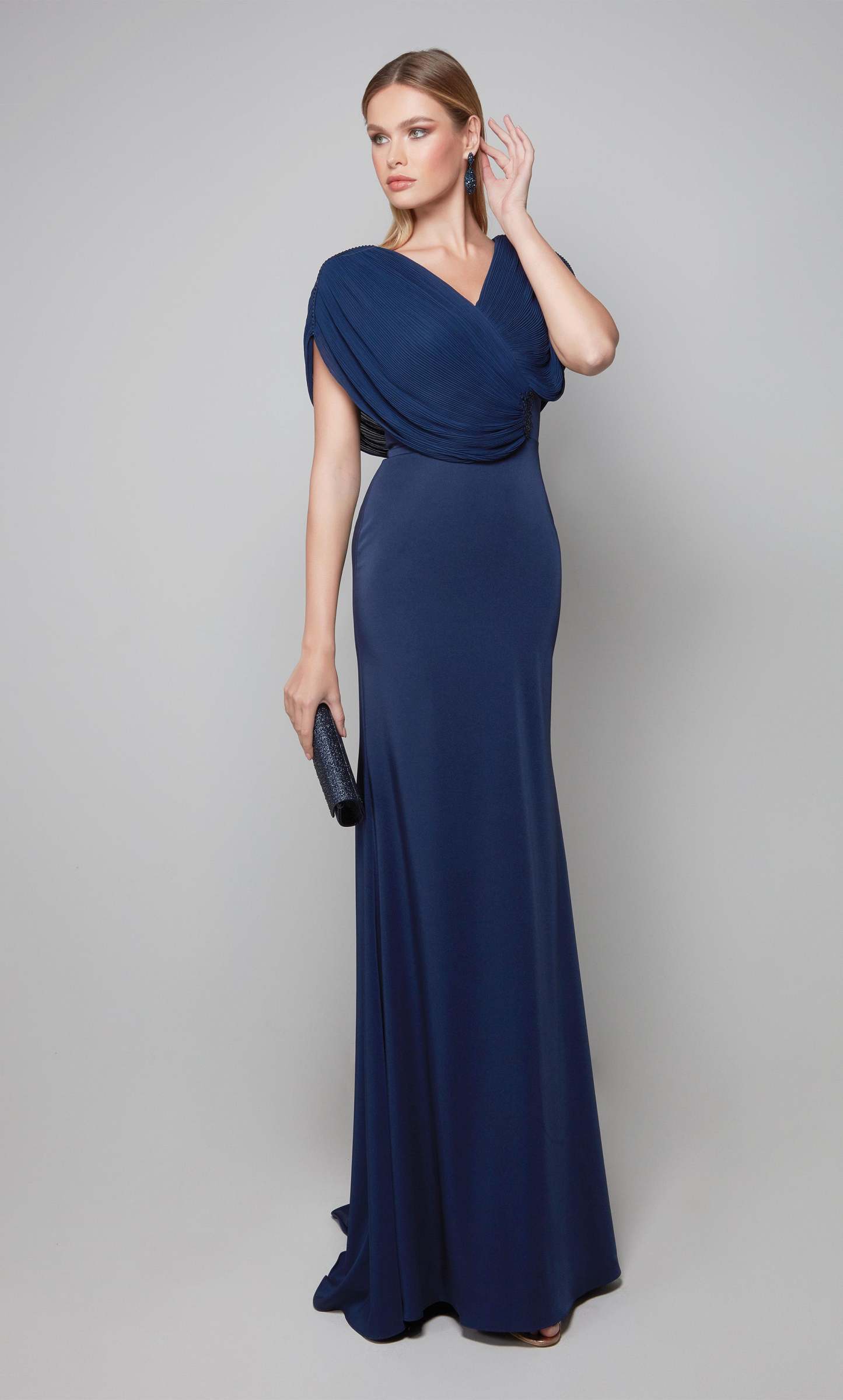 Fit N Flare V-neck Stretch Crepe Beaded Mother Of The Bride Dress #27591
