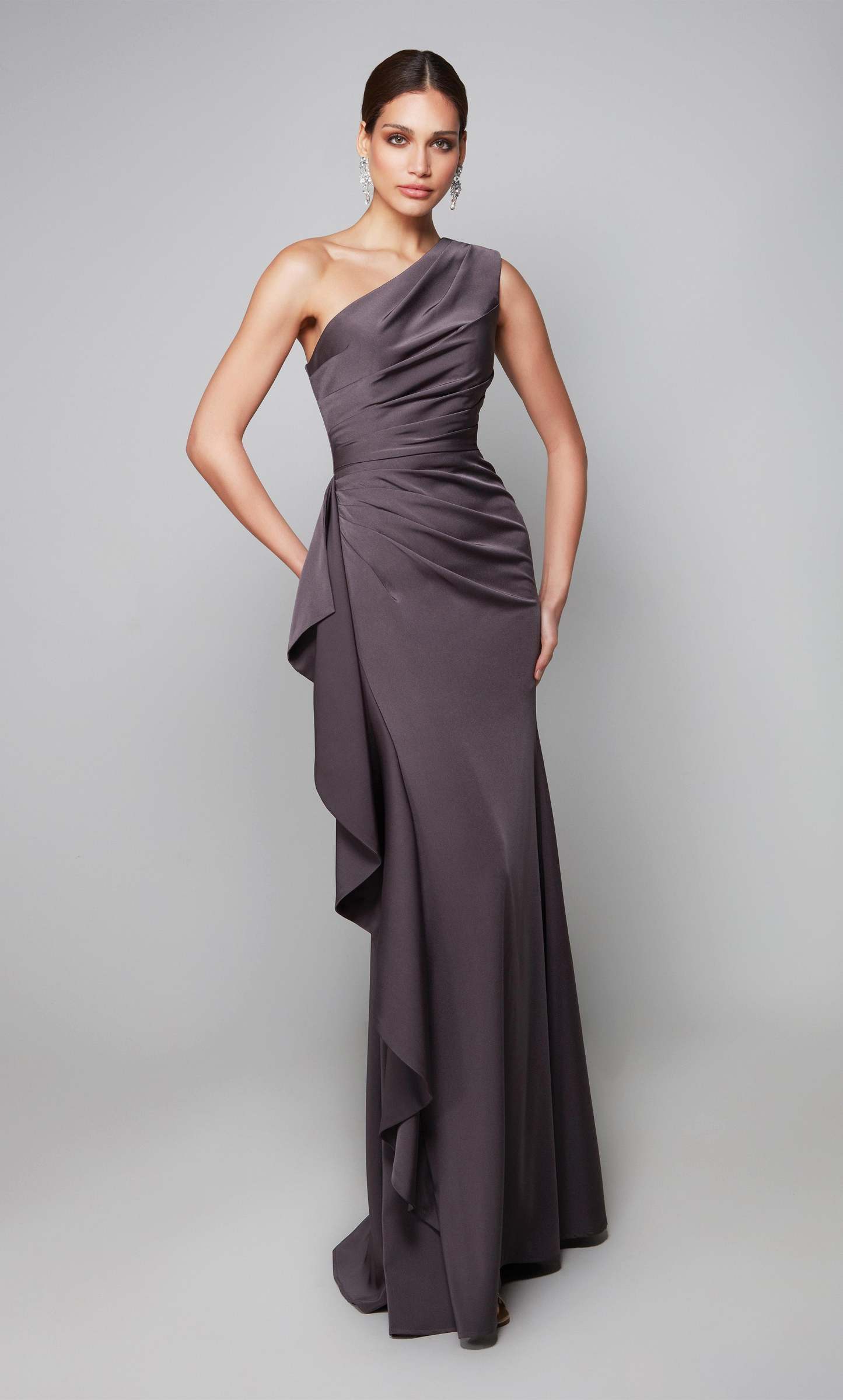 One Shoulder Stretch Crepe Draped Ruffle Mother Of The Bride Dress
