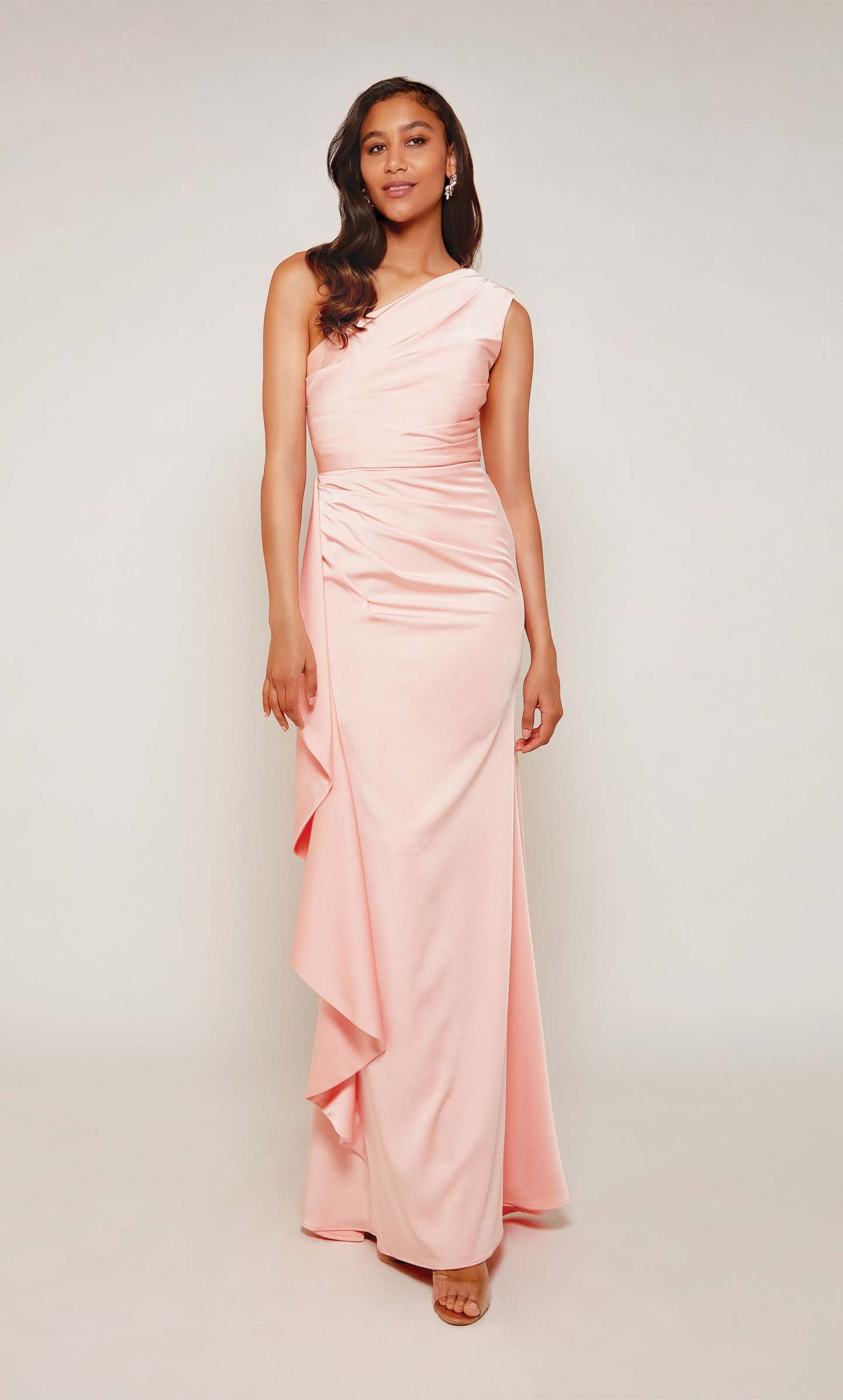 One Shoulder Stretch Crepe Draped Ruffle Mother Of The Bride Dress #27624