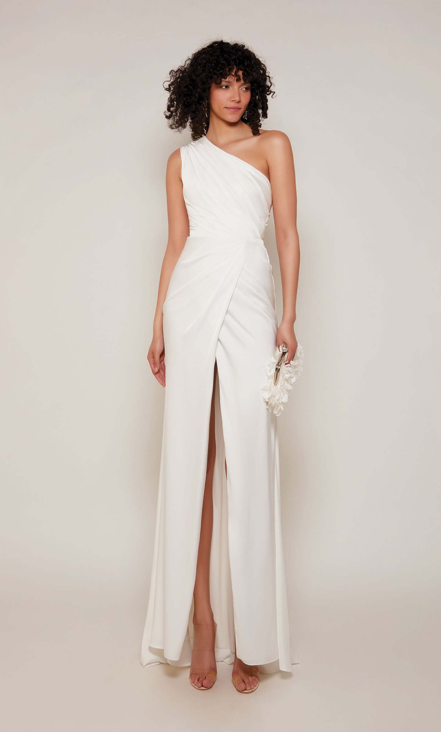 One Shoulder Satin Ruched Front Slit Train Formal Gown #27697