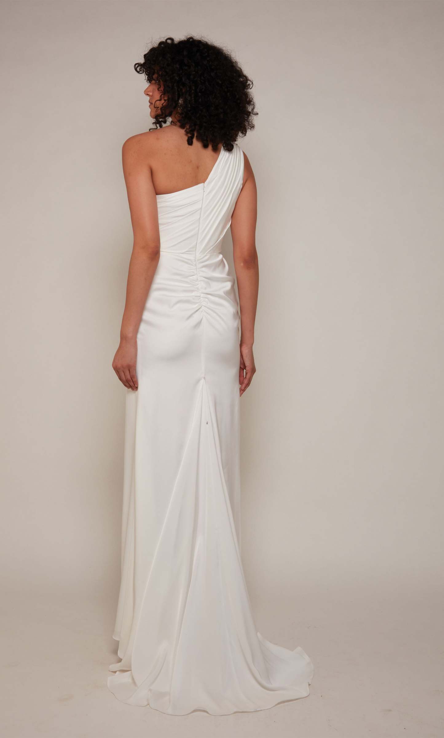 One Shoulder Satin Ruched Front Slit Train Formal Gown #27697