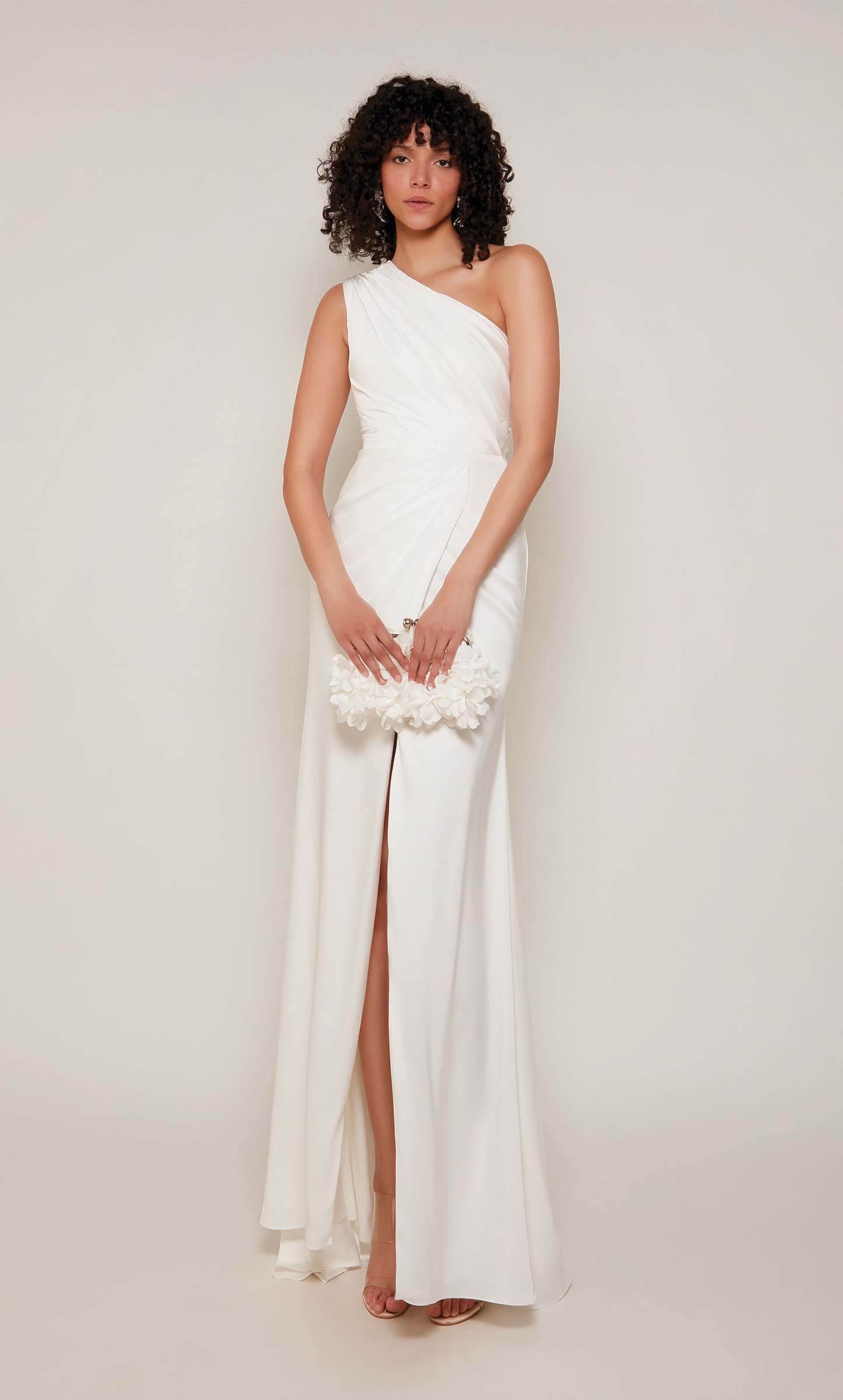 One Shoulder Satin Ruched Front Slit Train Formal Gown #27697