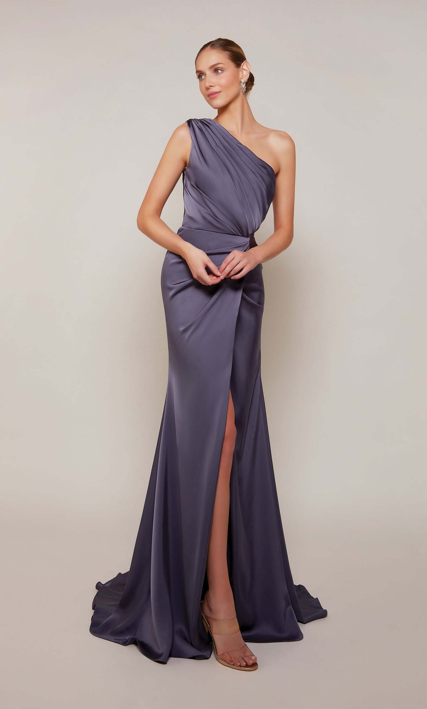 One Shoulder Satin Ruched Front Slit Train Formal Gown #27697