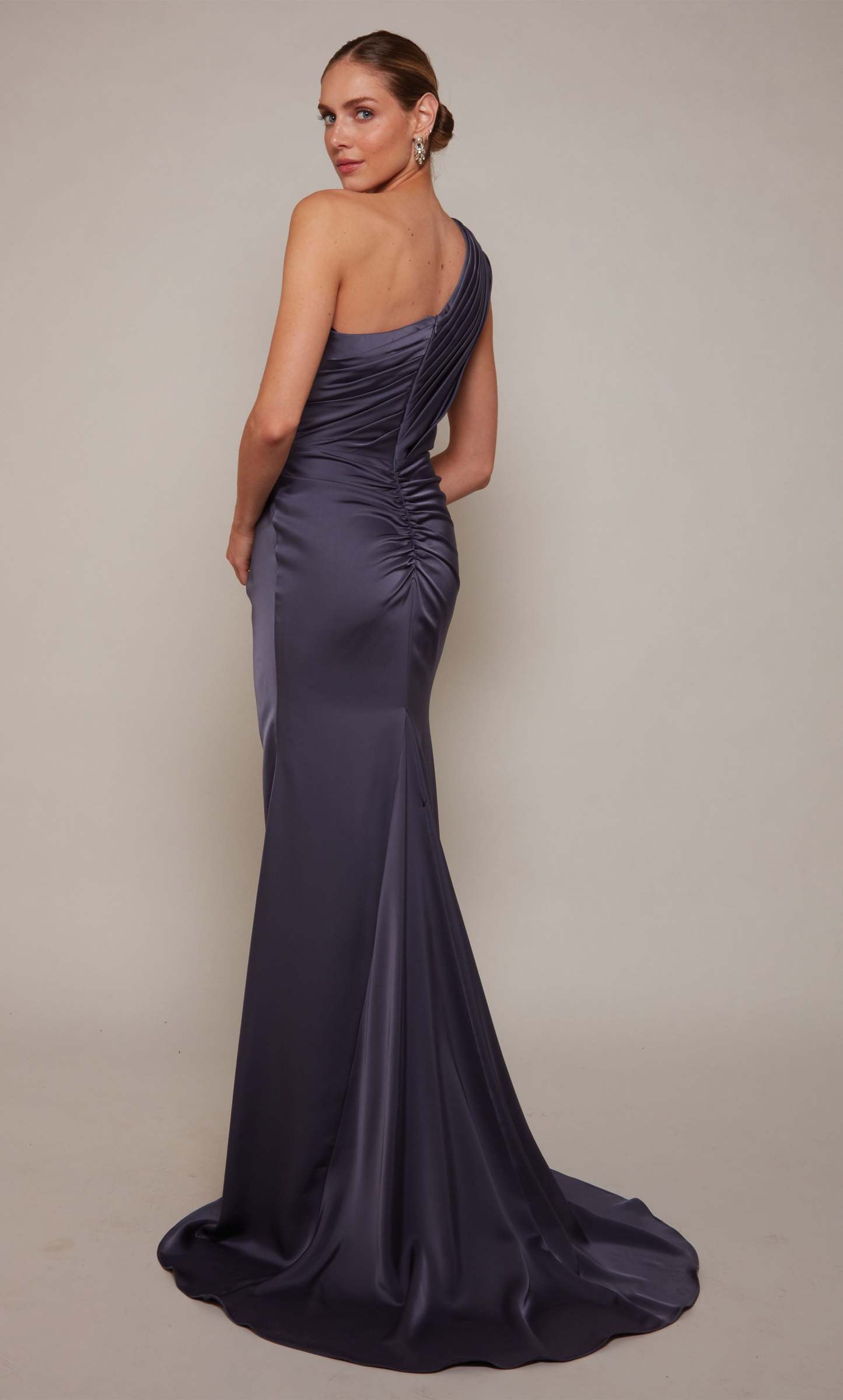 One Shoulder Satin Ruched Front Slit Train Formal Gown #27697